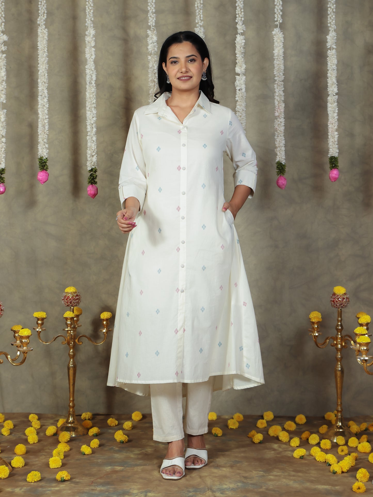 Soft Cotton Geometric Flared Cream Kurta