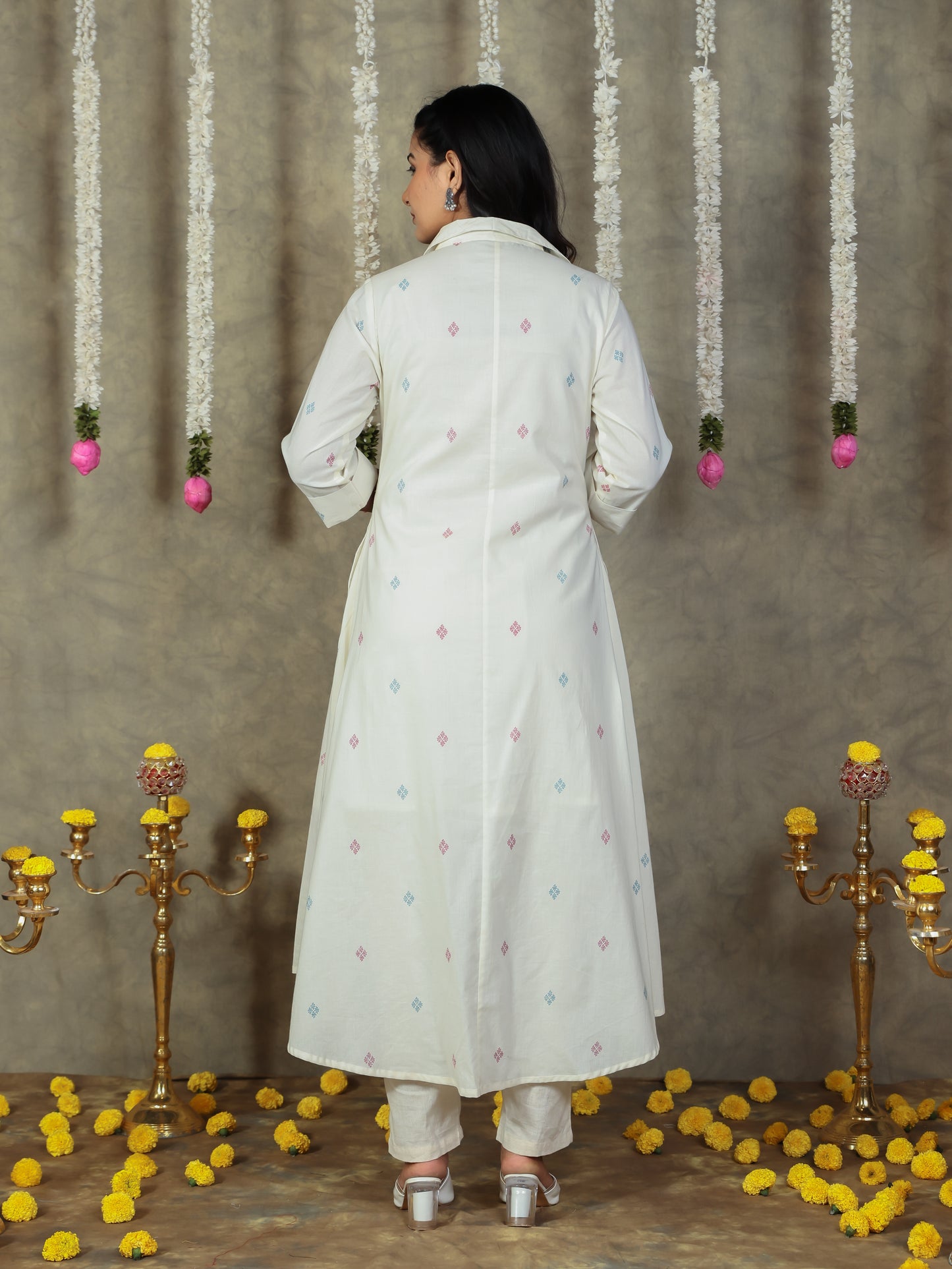 Soft Cotton Geometric Flared Cream Kurta