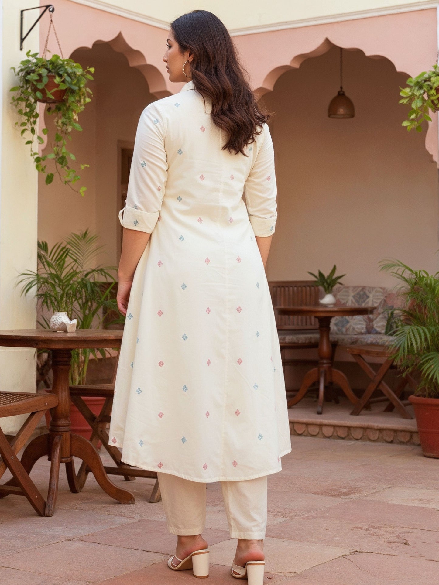 Soft Cotton Geometric Flared Cream Kurta