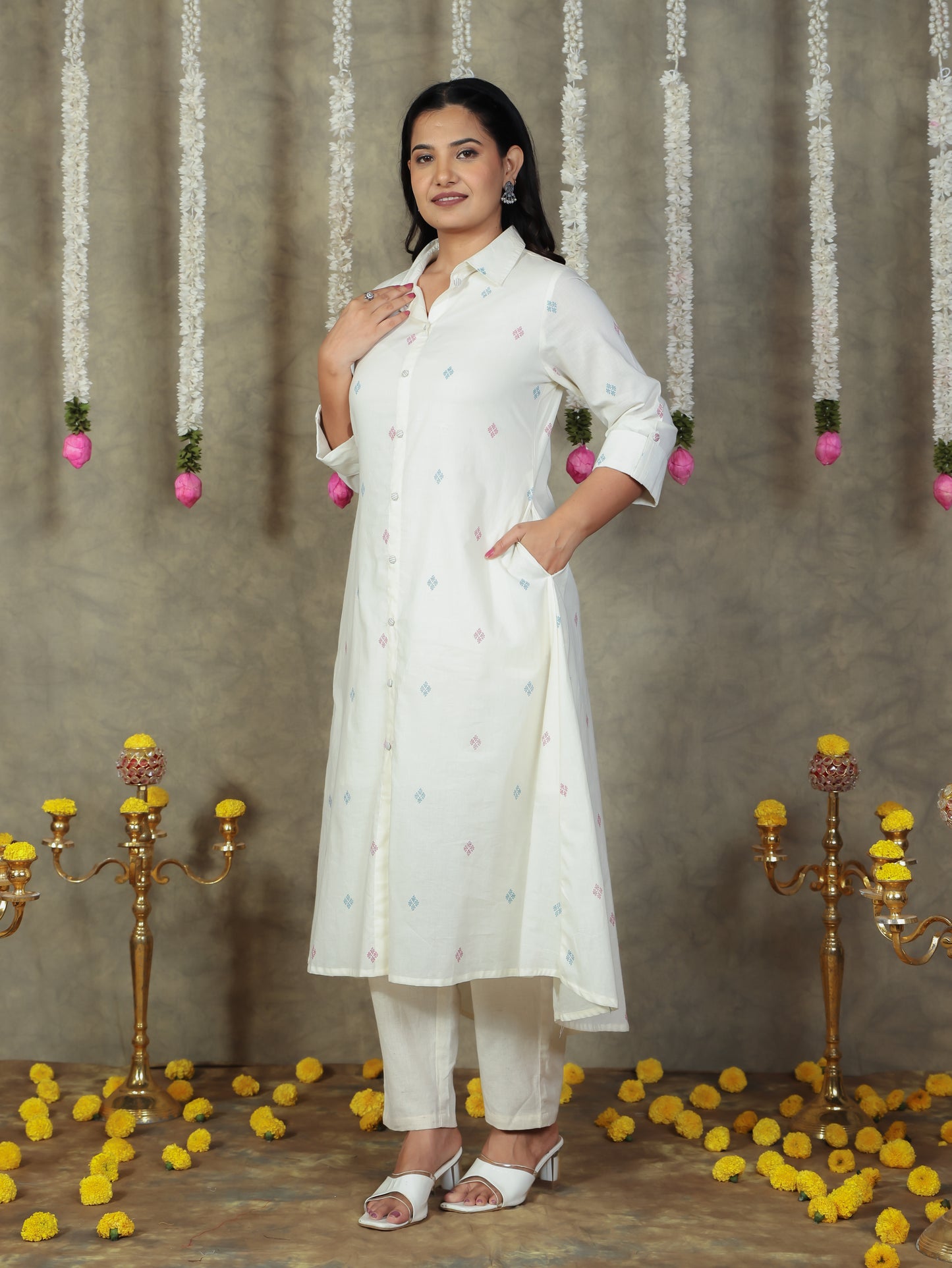 Soft Cotton Geometric Flared Cream Kurta
