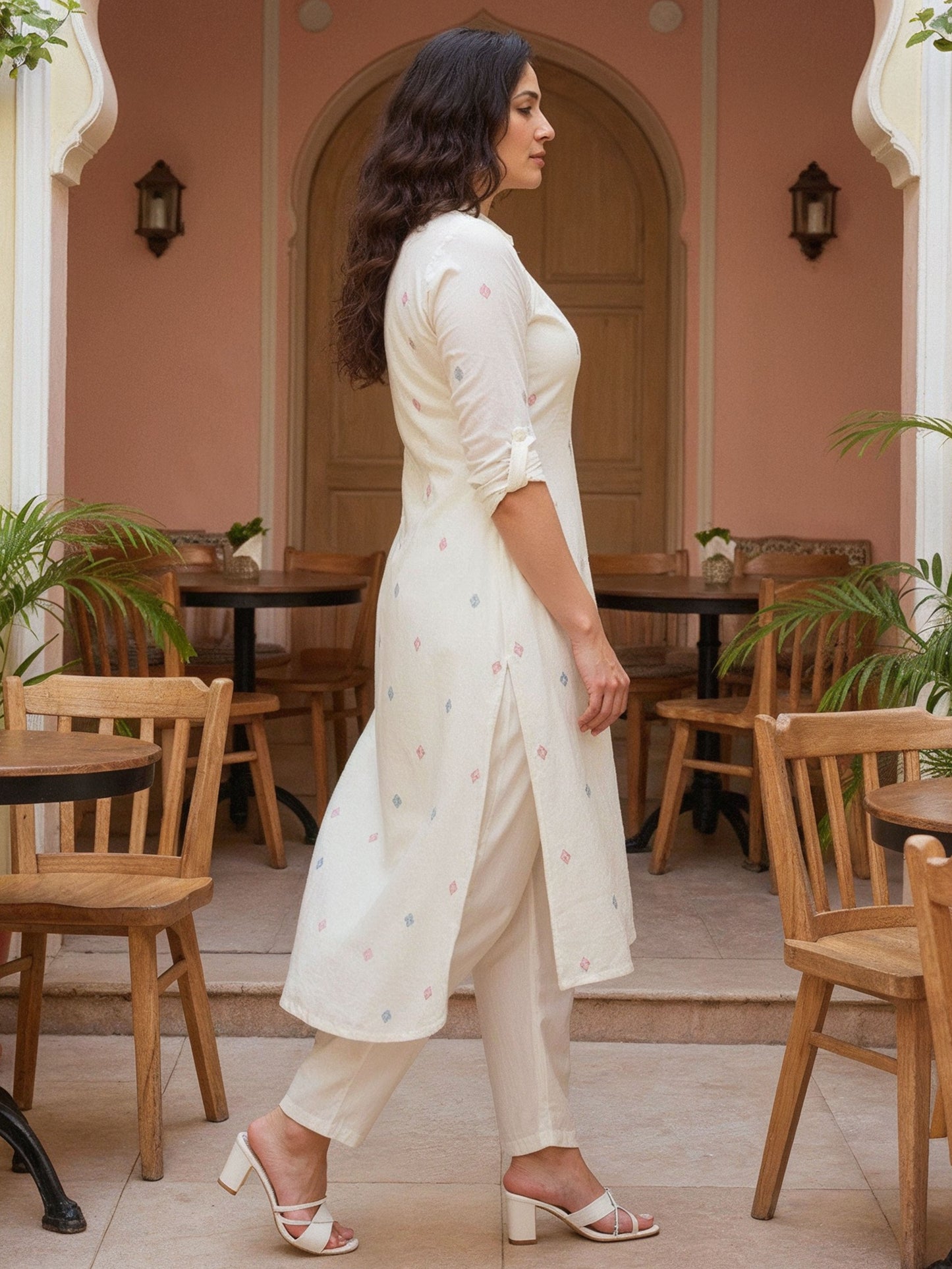 Soft Cotton Geometric Flared Cream Kurta