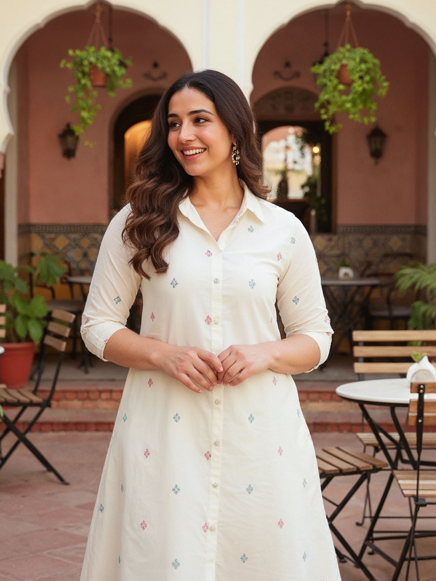 Soft Cotton Geometric Flared Cream Kurta