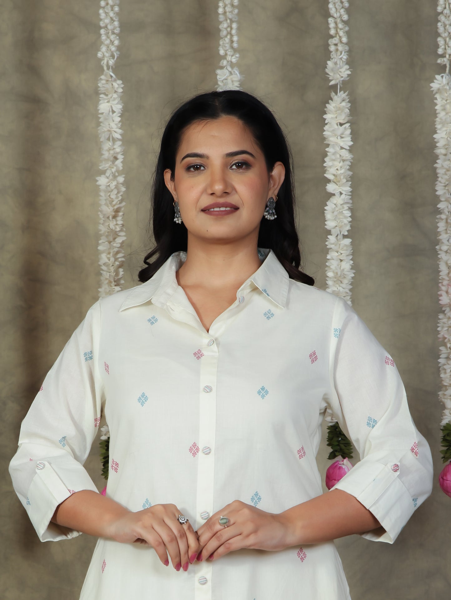 Soft Cotton Geometric Flared Cream Kurta