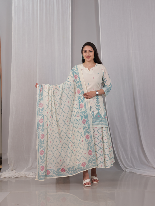 Cotton Voile Geometric Off White Dupatta