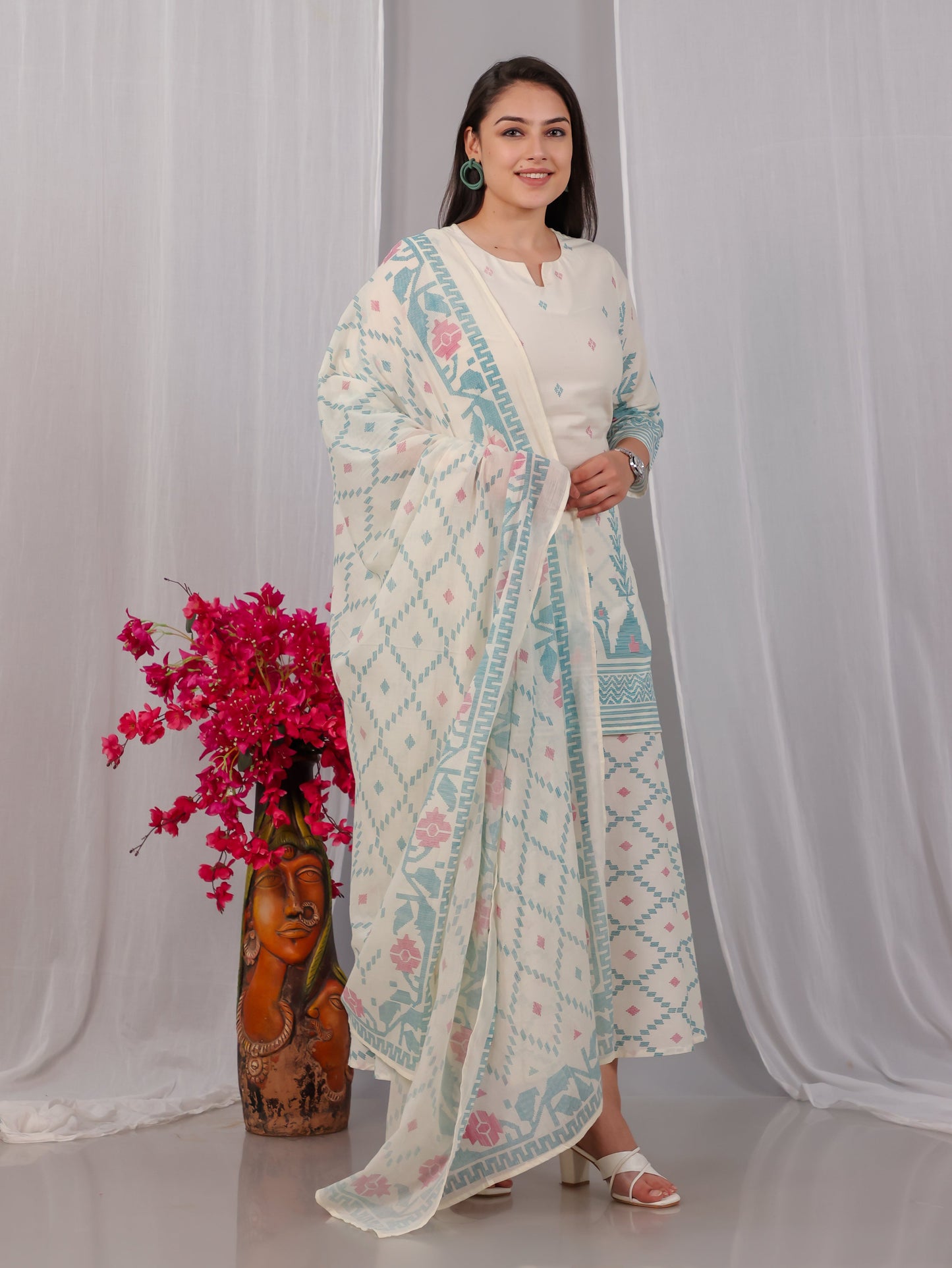 Soft Cotton Geometric Straight Off White Kurta