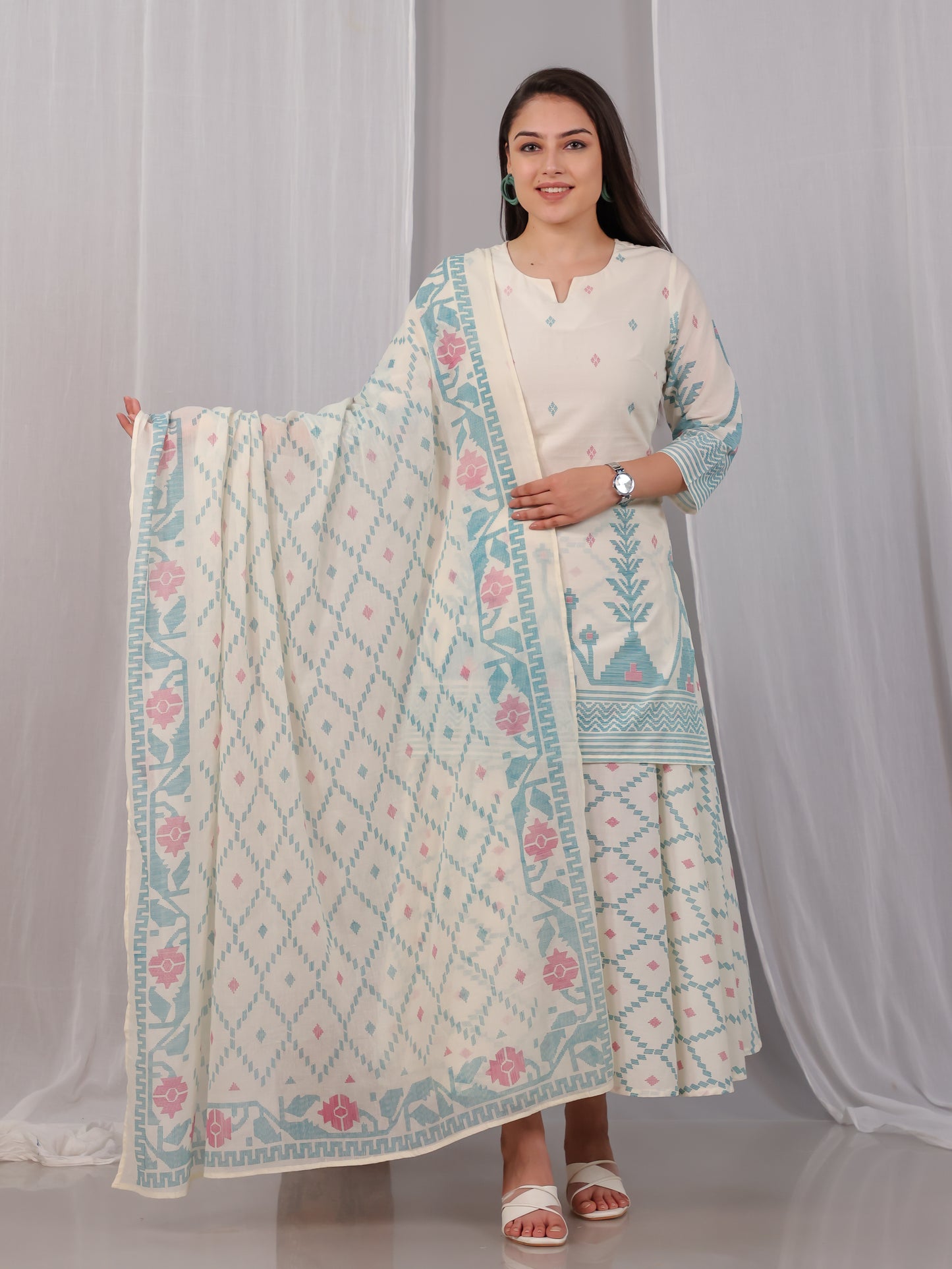 Soft Cotton Geometric Straight Off White Kurta