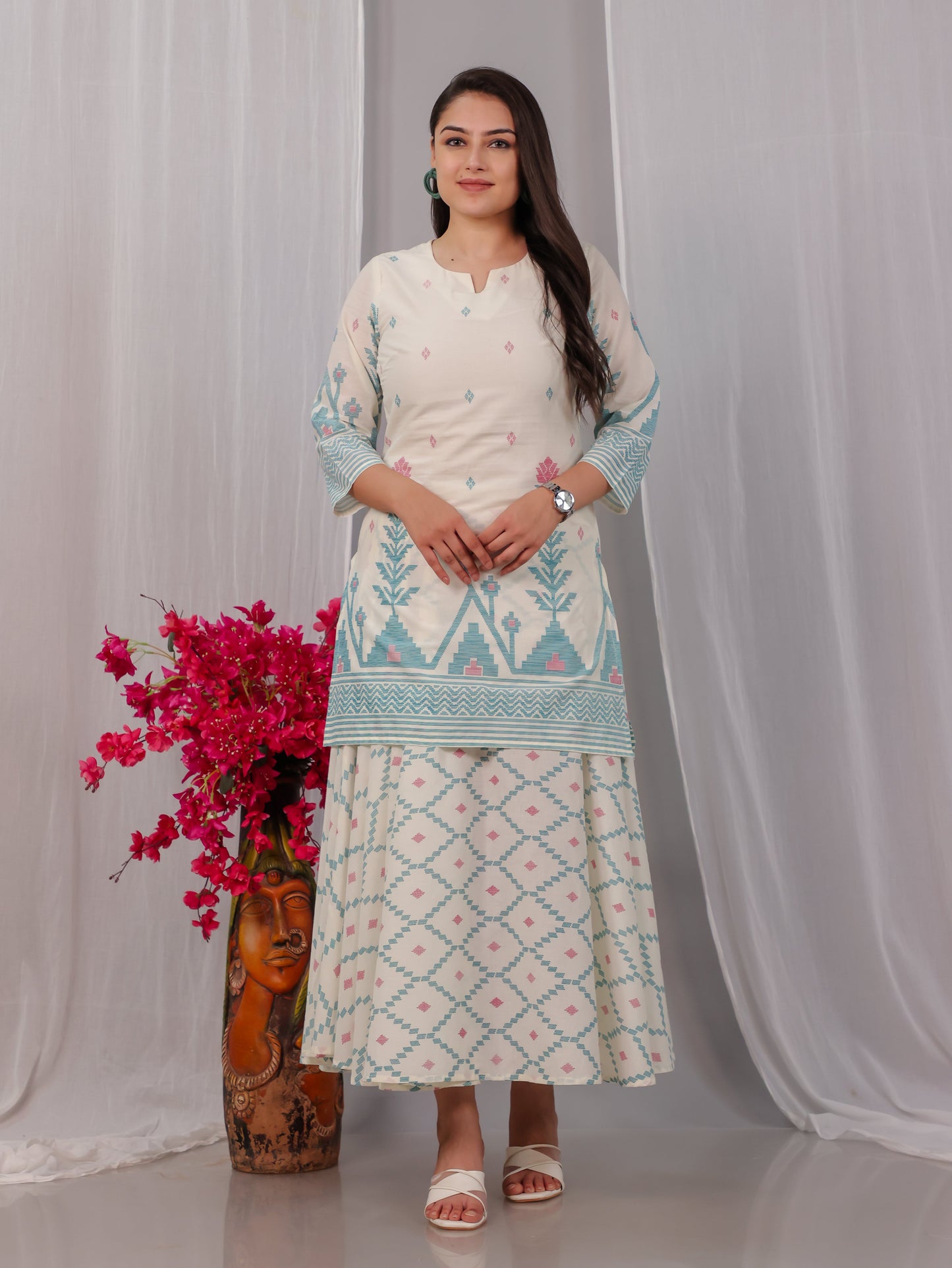 Soft Cotton Geometric Straight Off White Kurta