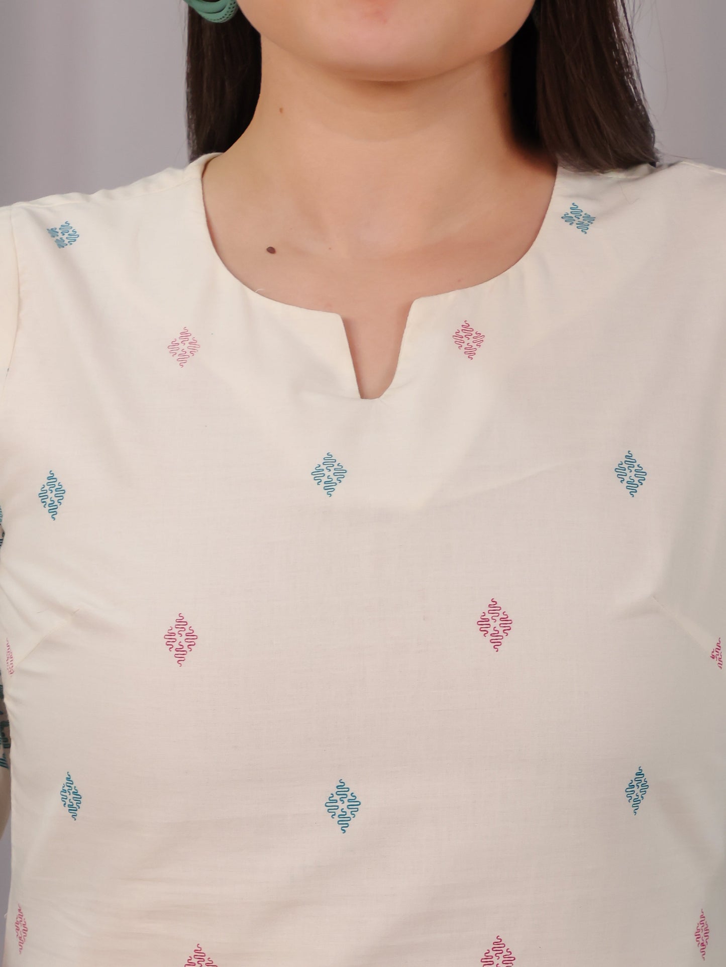 Soft Cotton Geometric Straight Off White Kurta