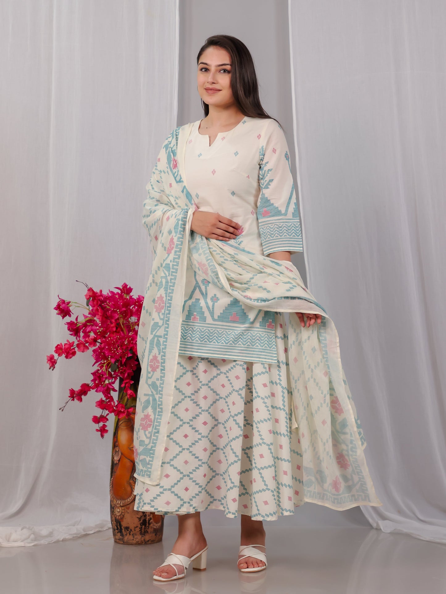 Soft Cotton Geometric Straight Off White Kurta