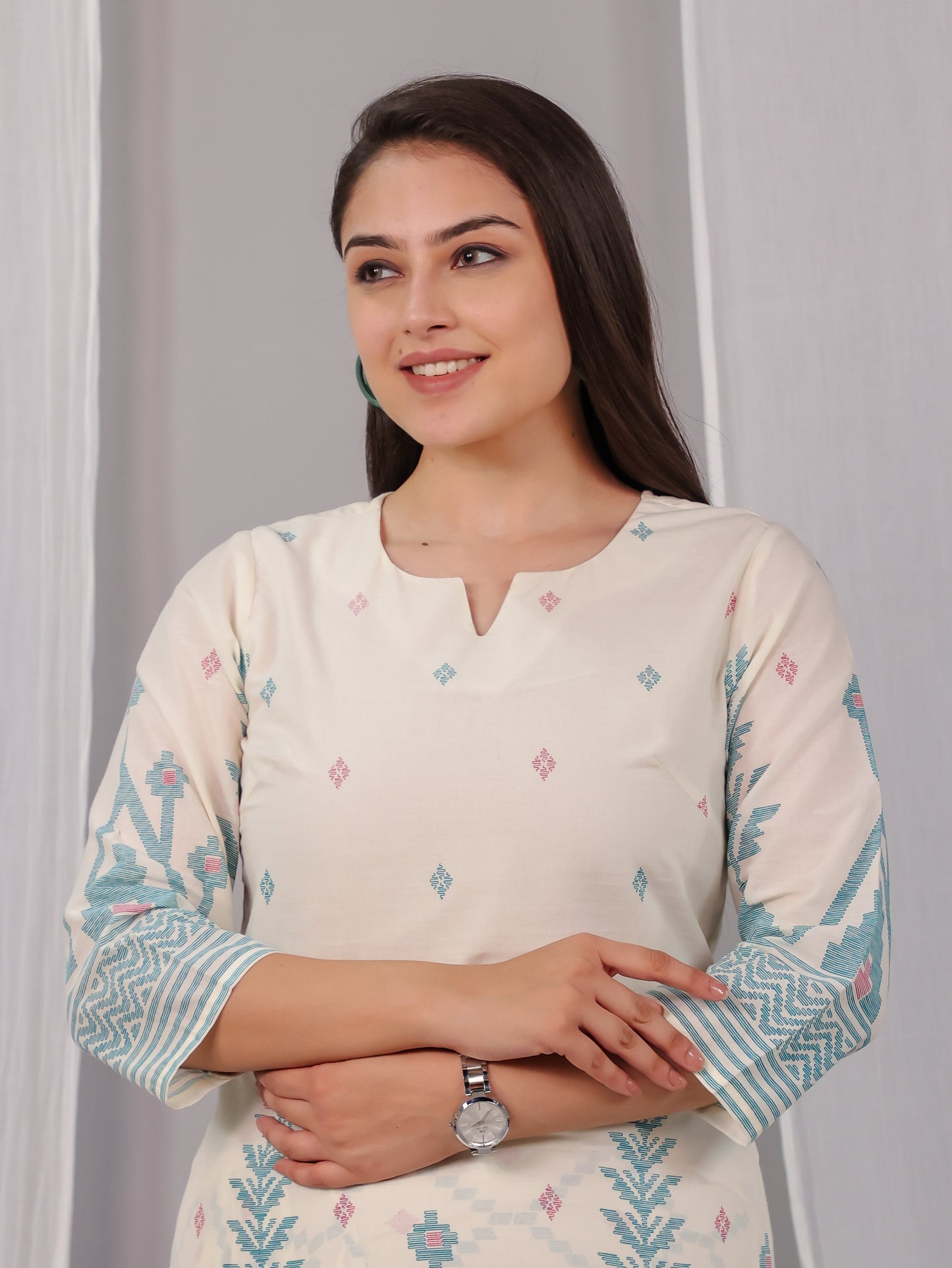 Soft Cotton Geometric Straight Off White Kurta