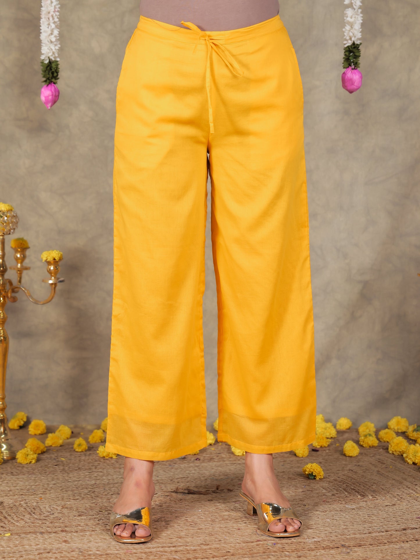 Cotton Voile Solid Yellow Straight Trousers