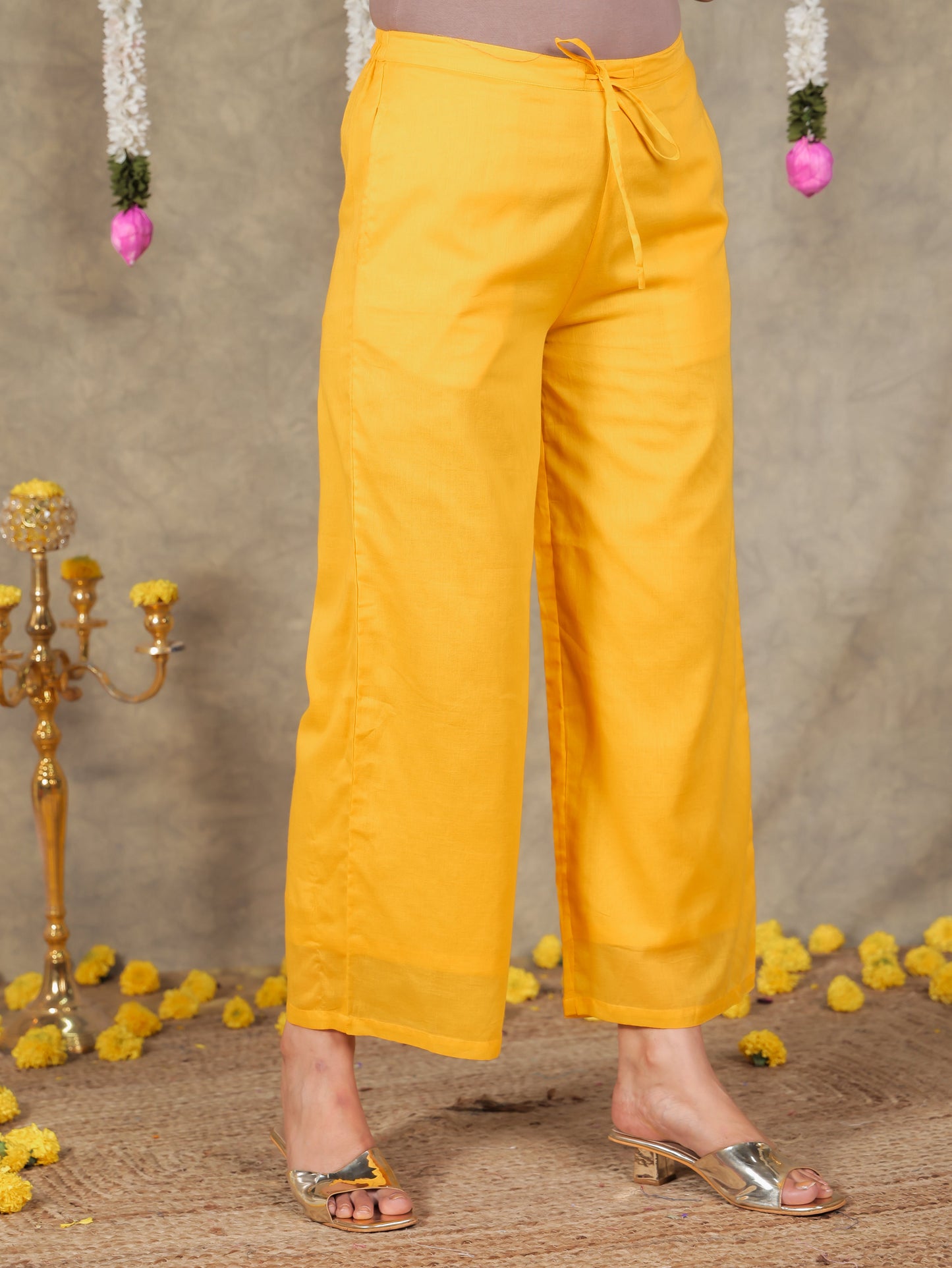 Cotton Voile Solid Yellow Straight Trousers