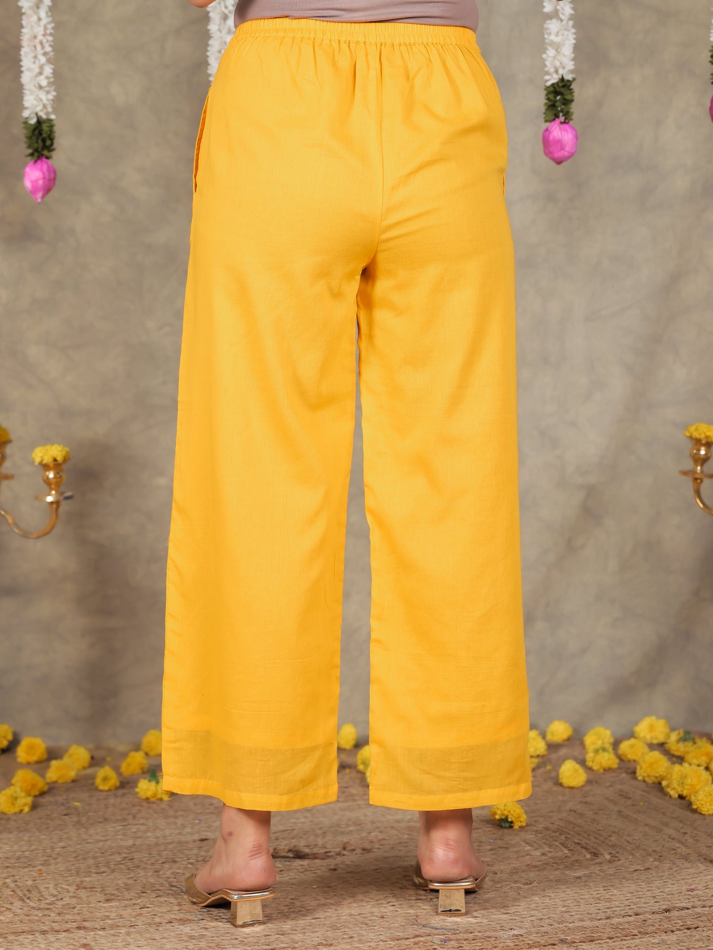 Cotton Voile Solid Yellow Straight Trousers