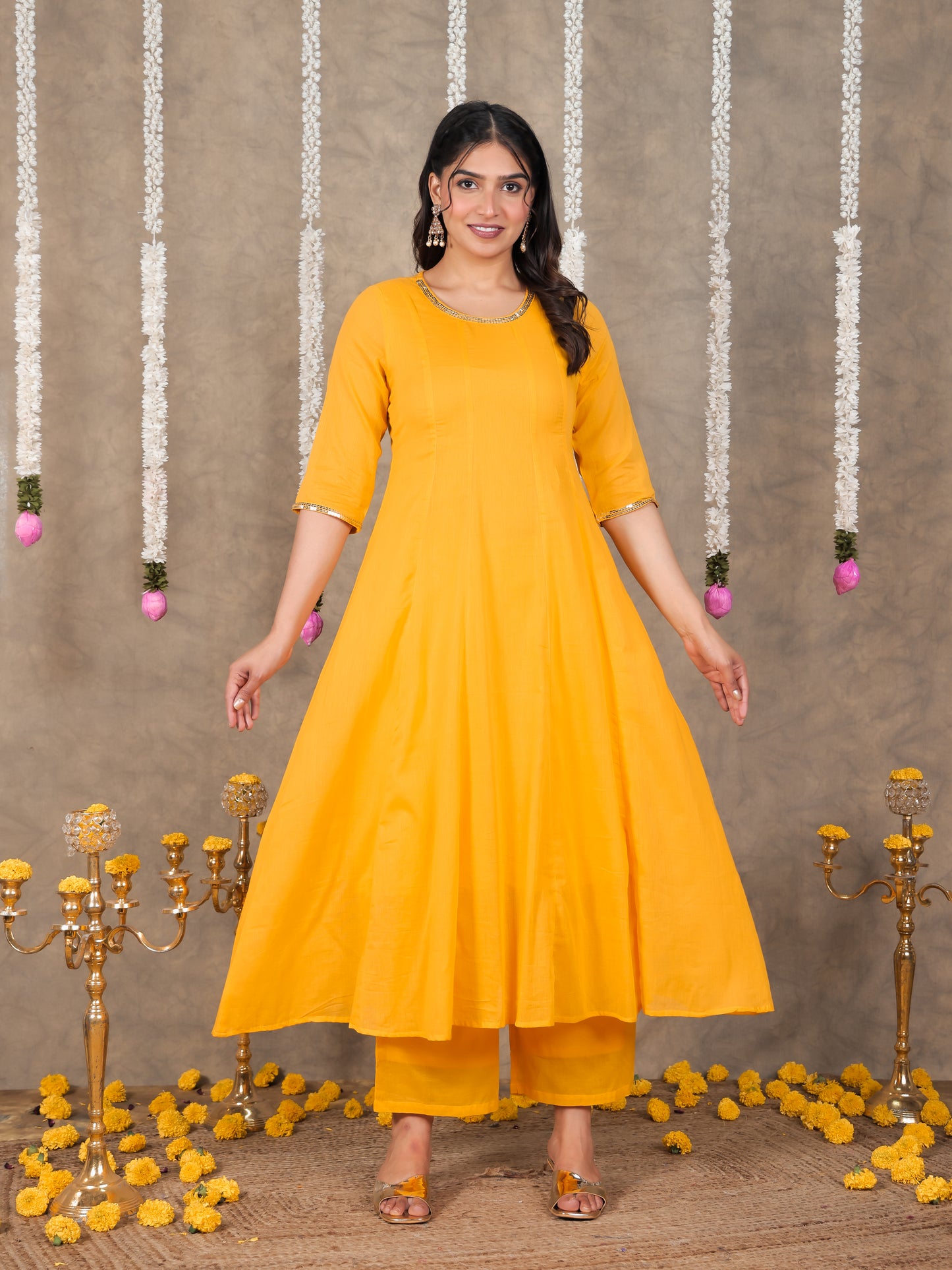 Embroidered Cotton Voile Solid Anarkali Yellow Kurta