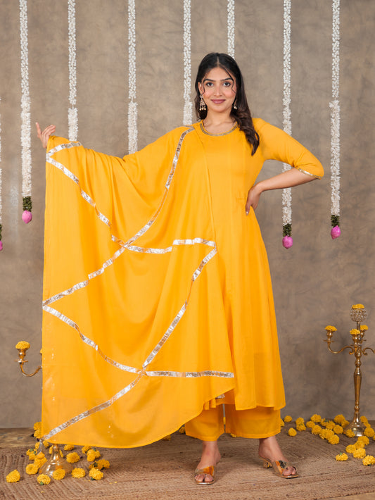 Embroidered Cotton Voile Solid Anarkali Yellow Kurta