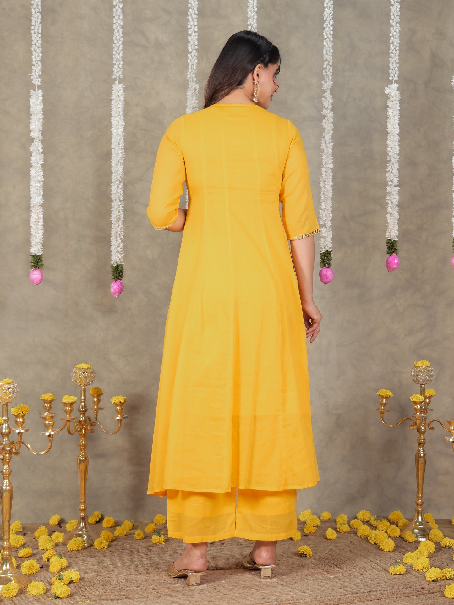 Embroidered Cotton Voile Solid Anarkali Yellow Kurta