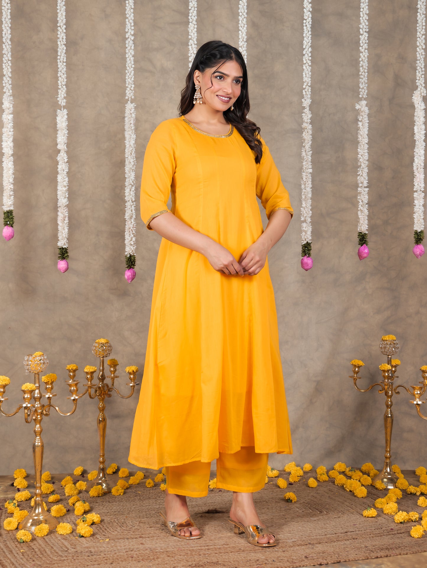 Embroidered Cotton Voile Solid Anarkali Yellow Kurta