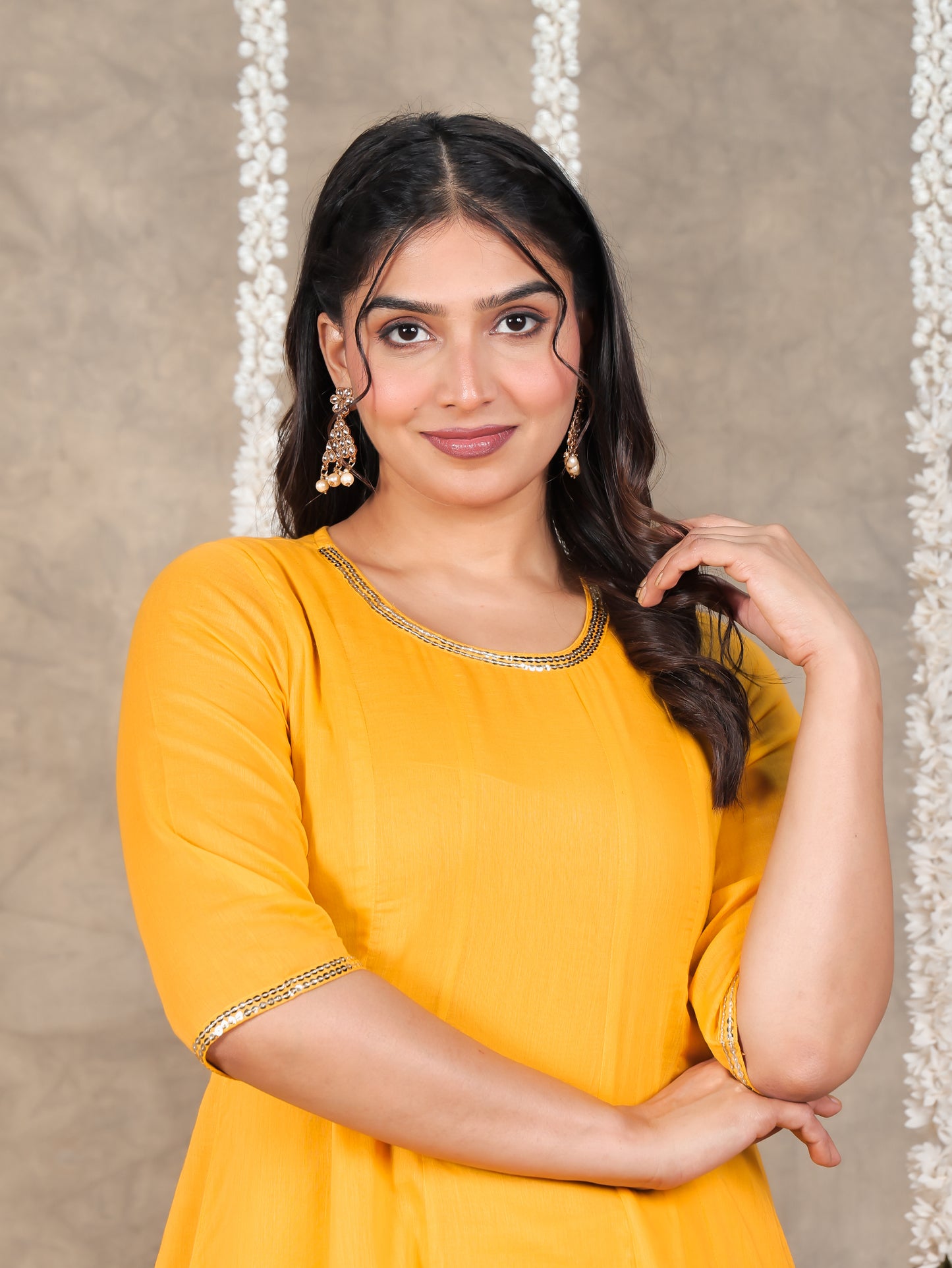 Embroidered Cotton Voile Solid Anarkali Yellow Kurta
