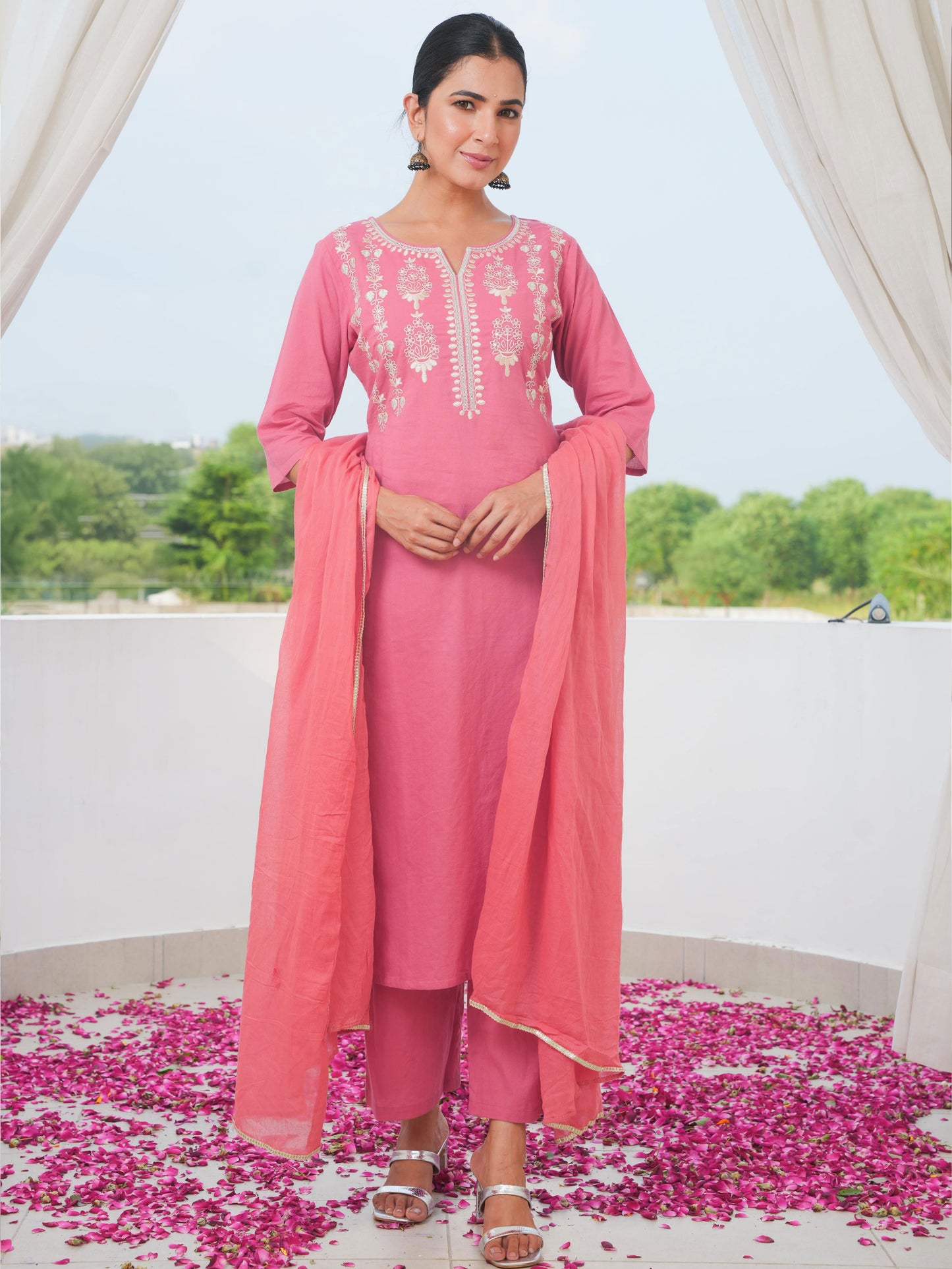 Embroidered Soft Cotton Solid A-line Coral Kurta