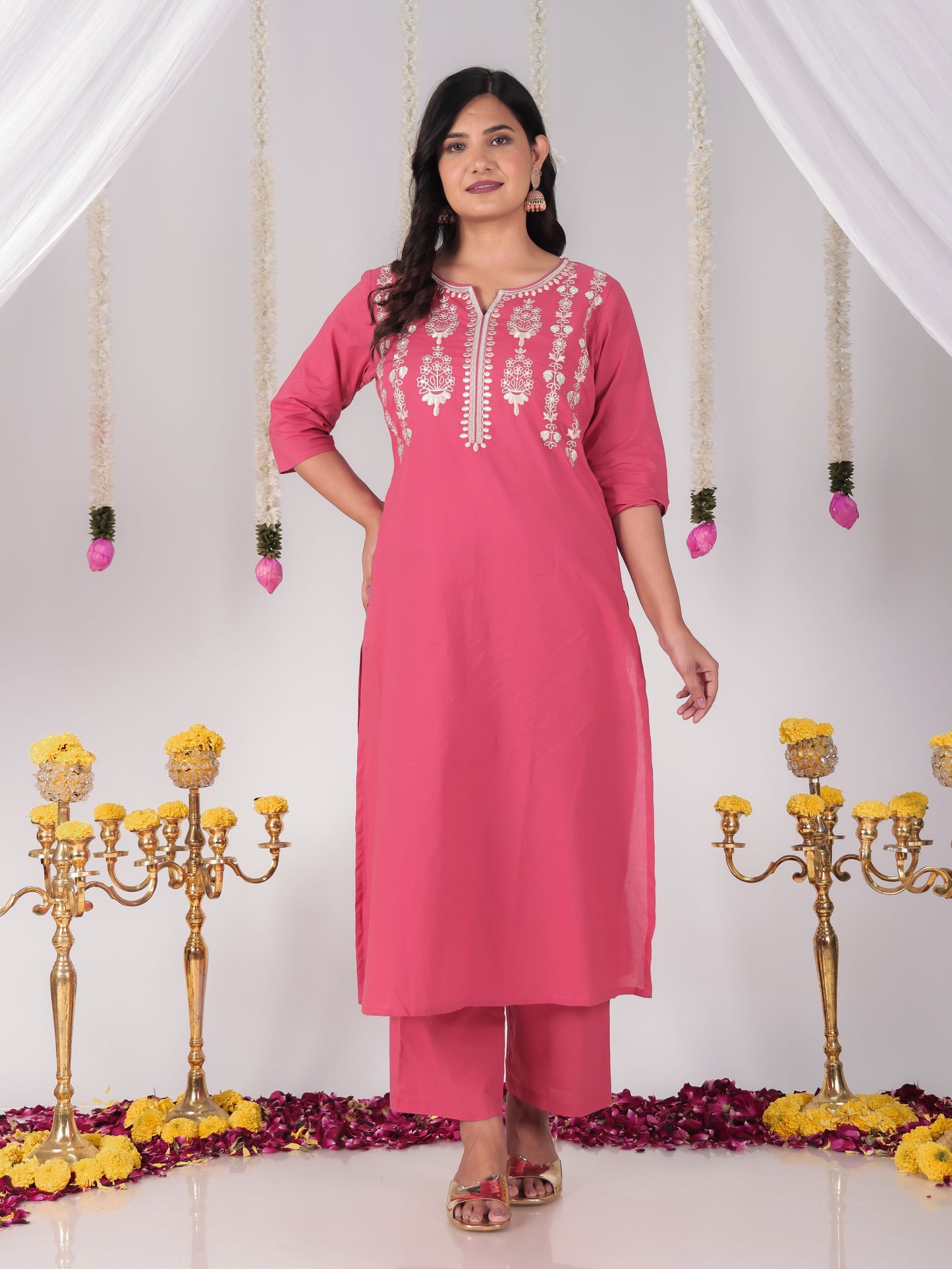 Embroidered Soft Cotton Solid A-line Coral Kurta