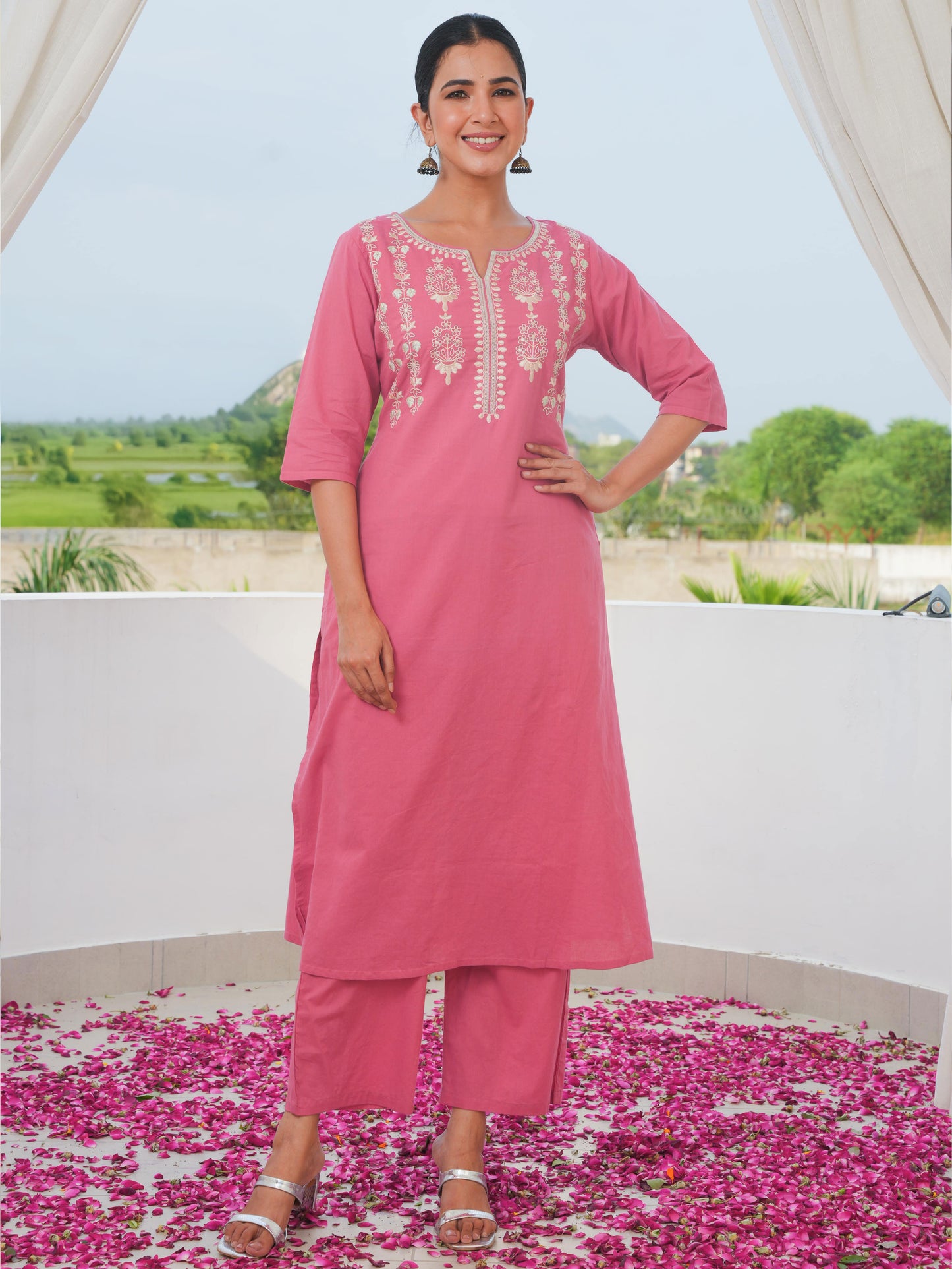 Embroidered Soft Cotton Solid A-line Coral Kurta
