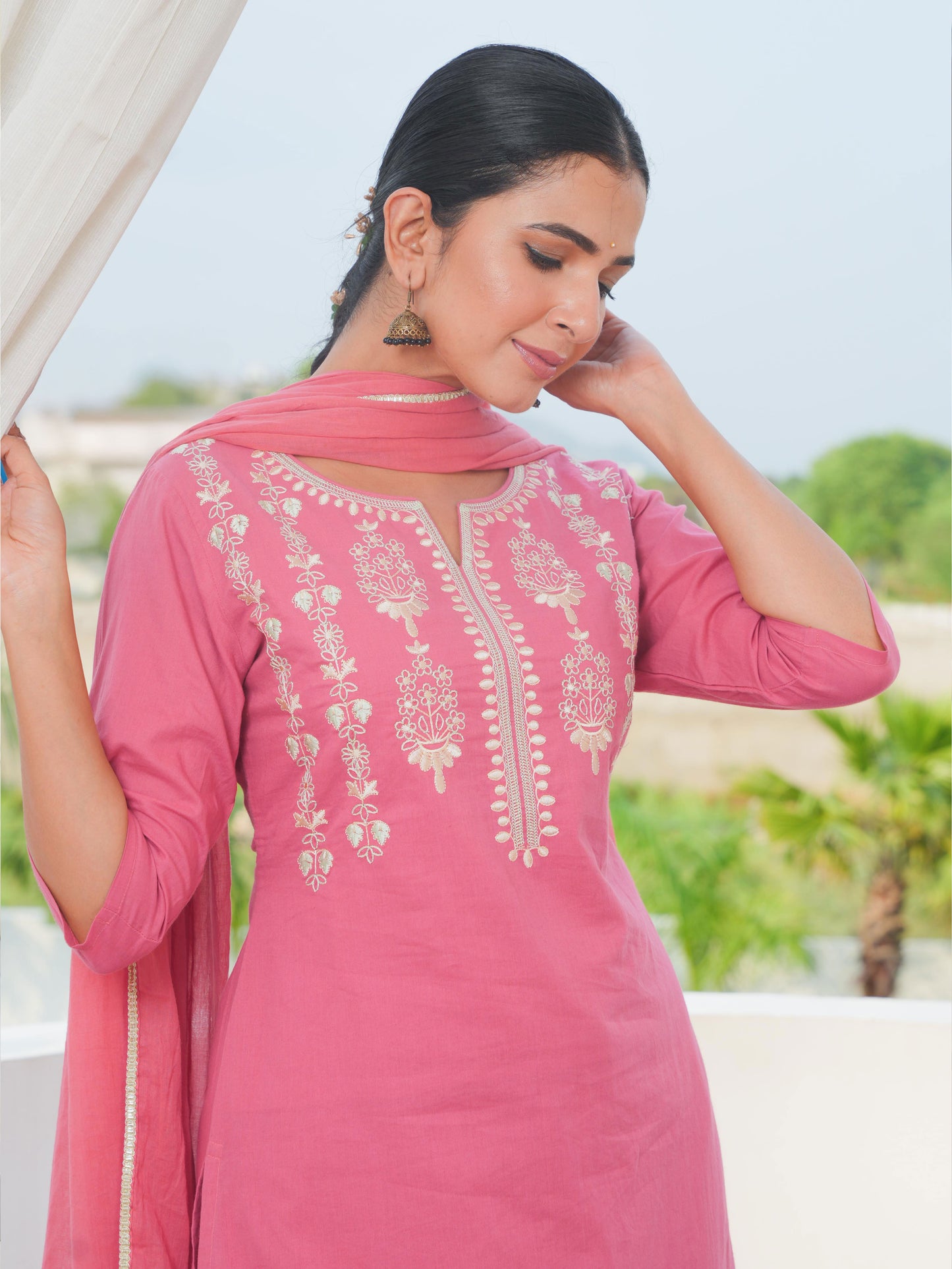 Embroidered Soft Cotton Solid A-line Coral Kurta