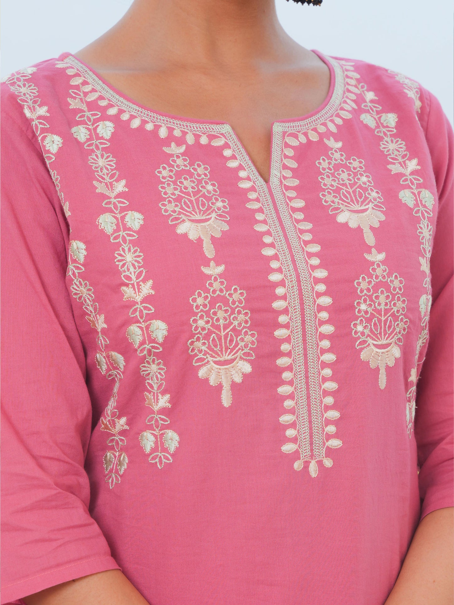 Embroidered Soft Cotton Solid A-line Coral Kurta