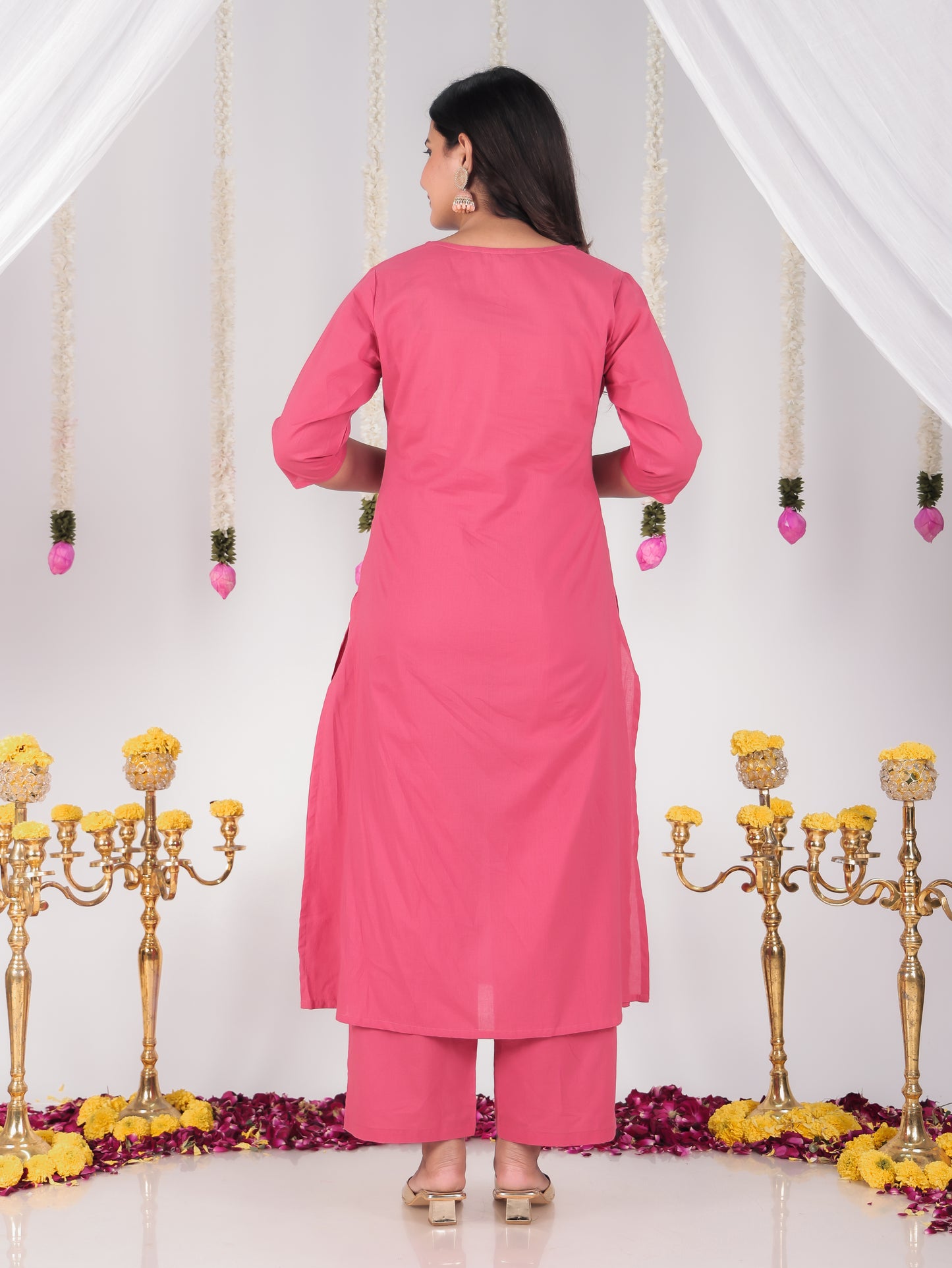 Embroidered Soft Cotton Solid A-line Coral Kurta