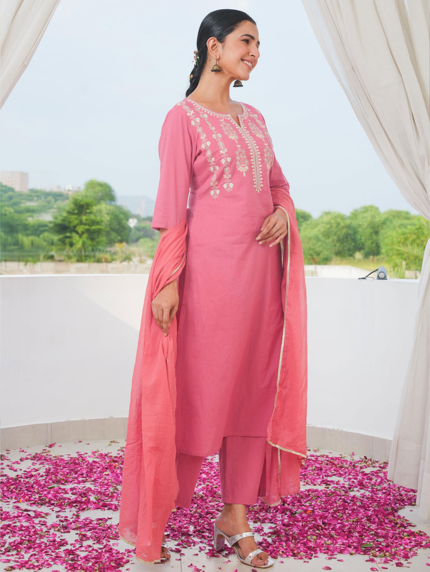 Embroidered Soft Cotton Solid A-line Coral Kurta