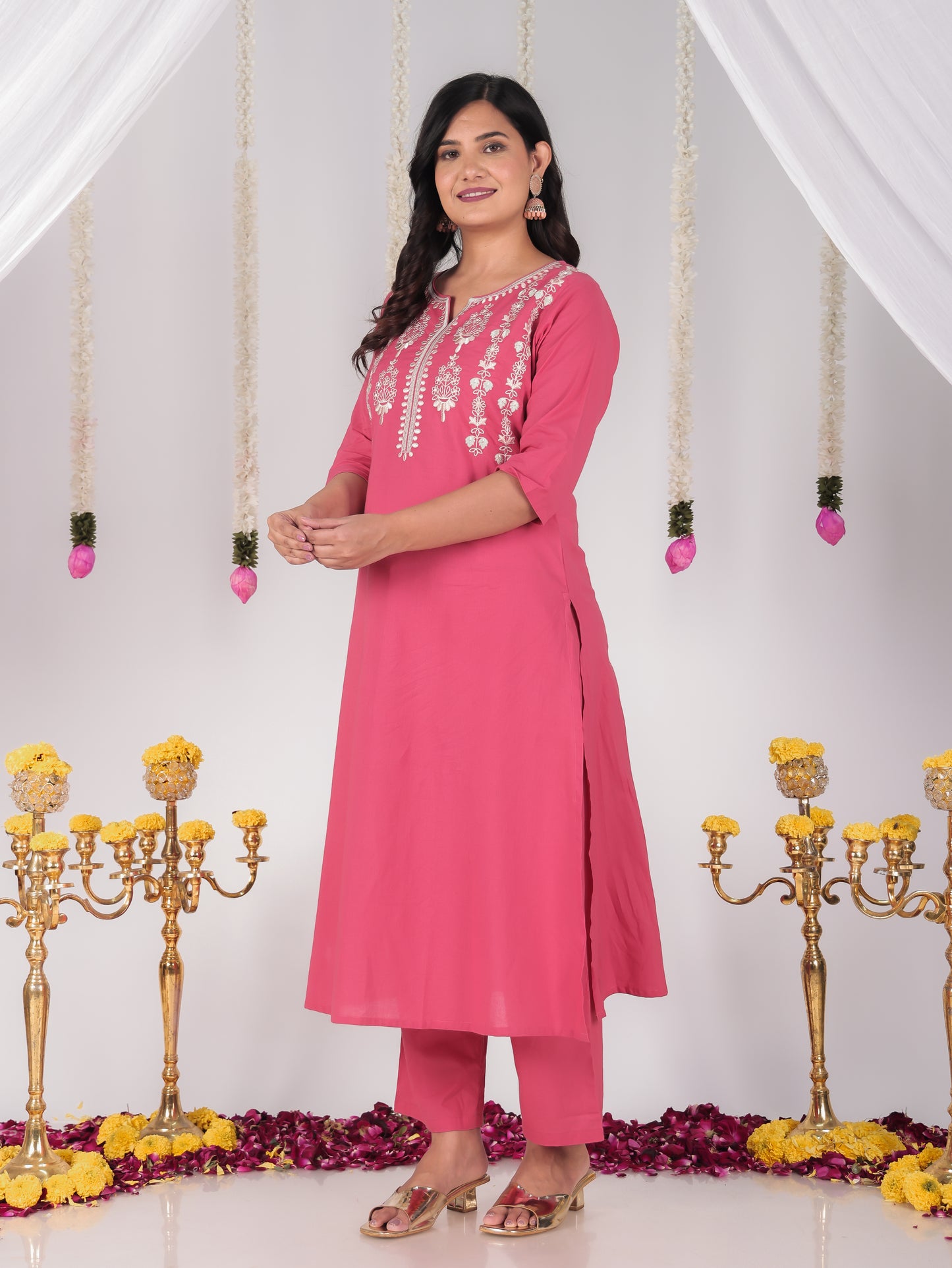 Embroidered Soft Cotton Solid A-line Coral Kurta