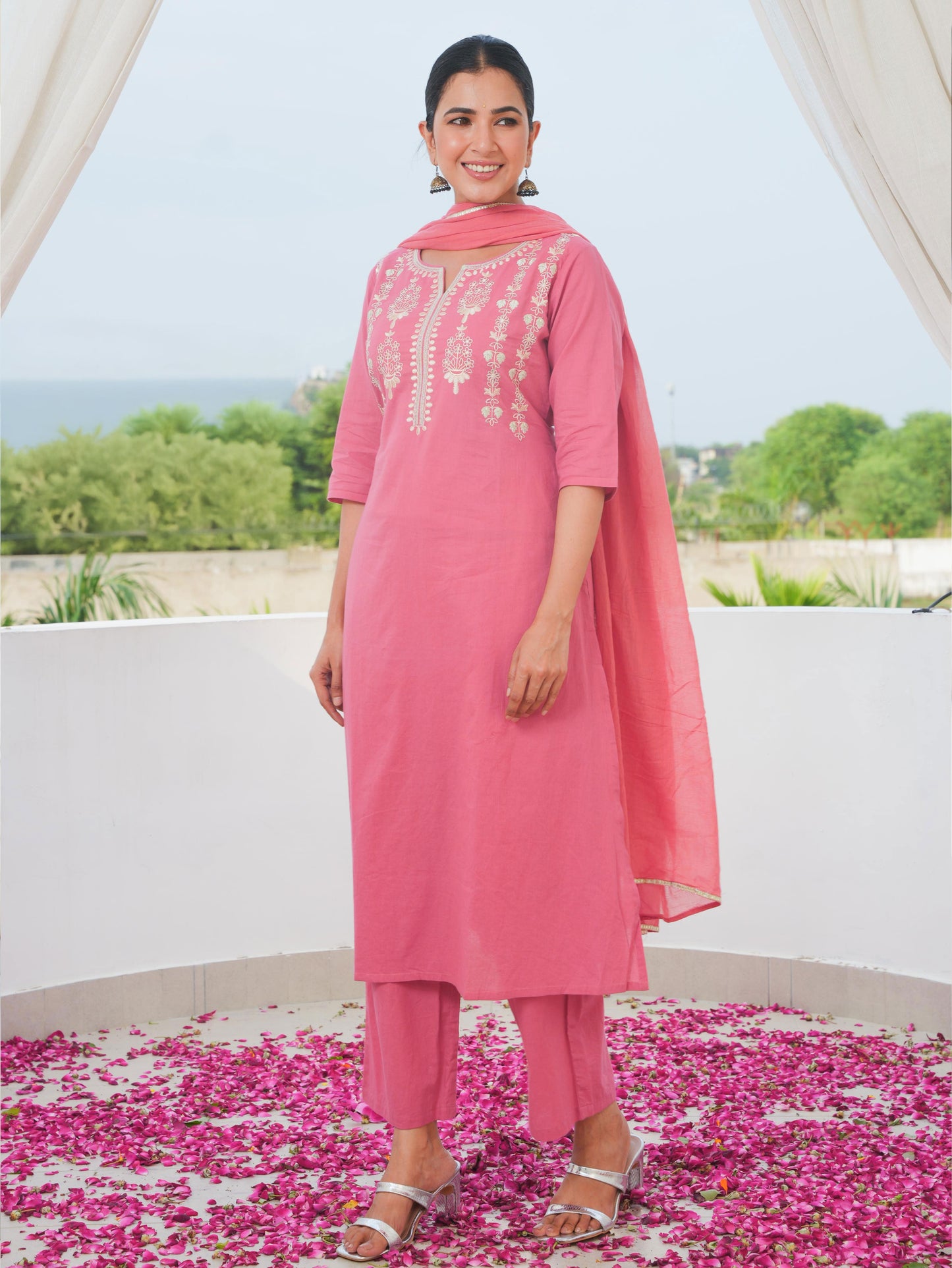 Embroidered Soft Cotton Solid A-line Coral Kurta