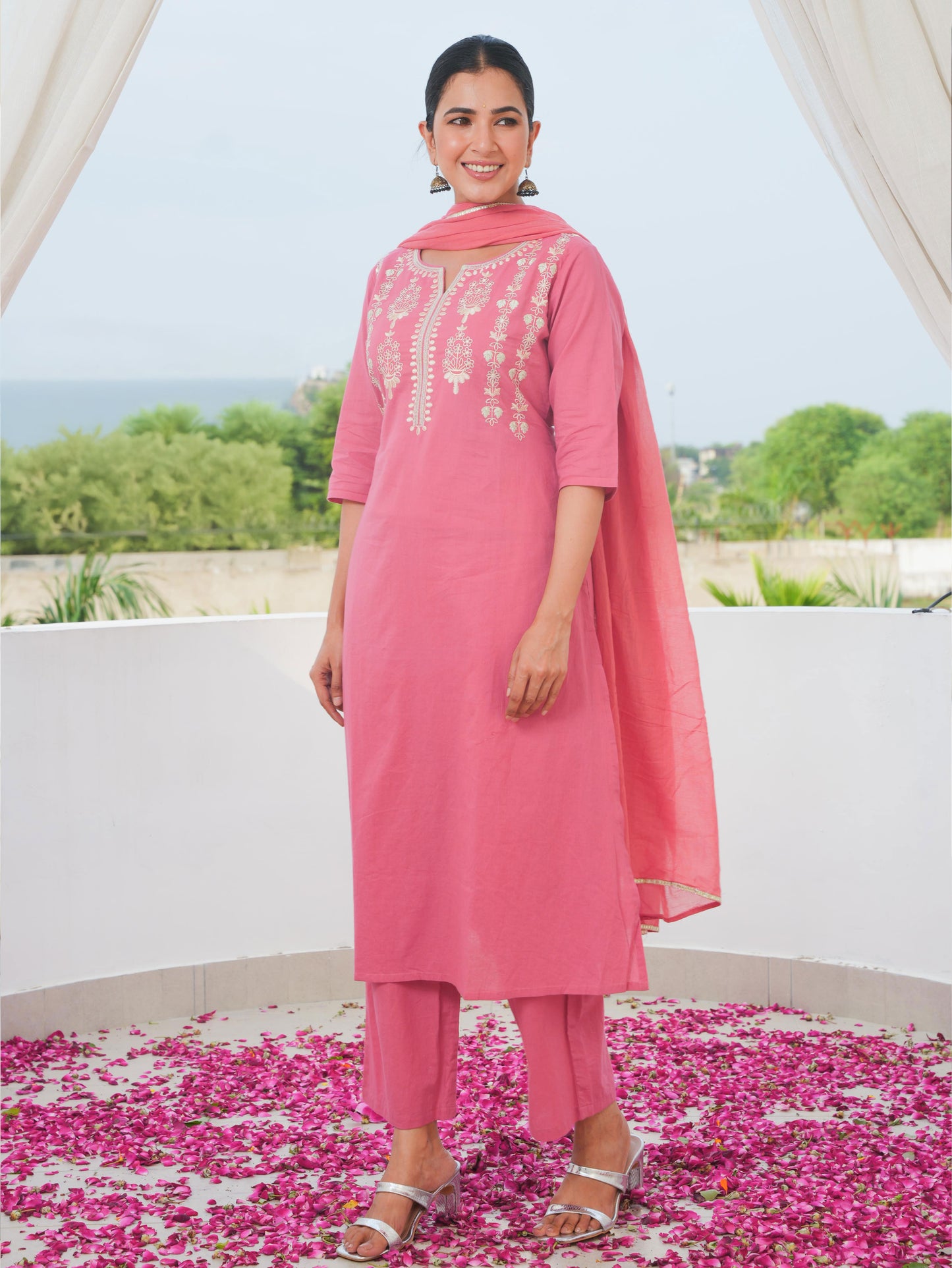 Embroidered Soft Cotton Solid A-line Coral Kurta