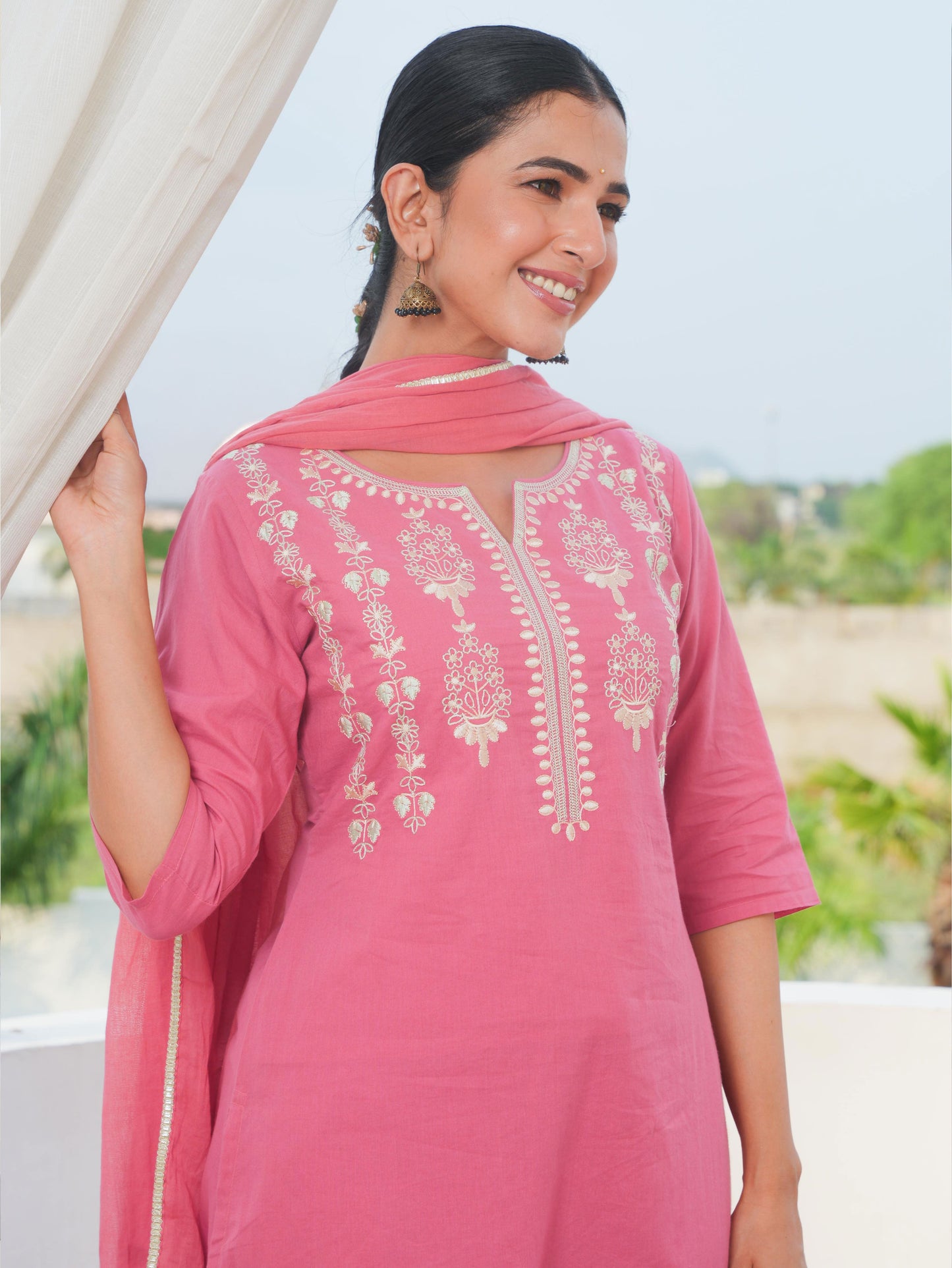Embroidered Soft Cotton Solid A-line Coral Kurta