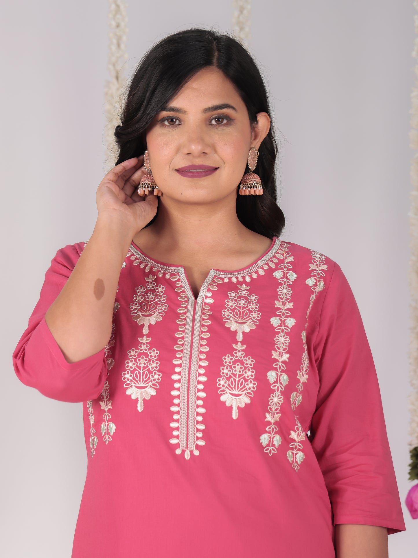 Embroidered Soft Cotton Solid A-line Coral Kurta