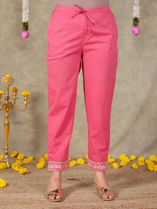 Embroidered Soft Cotton Solid Coral Tapered Trousers