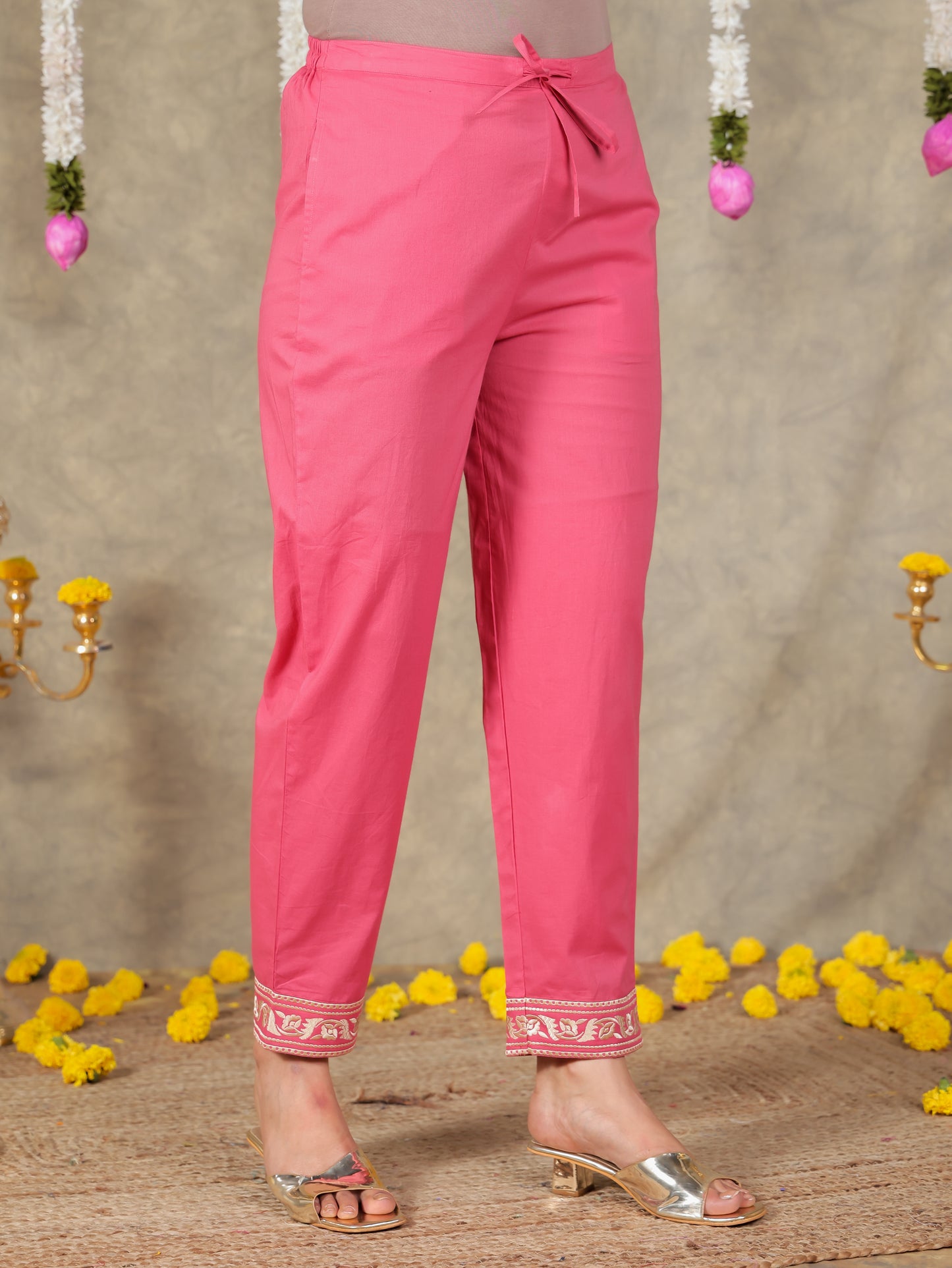 Embroidered Soft Cotton Solid Coral Tapered Trousers
