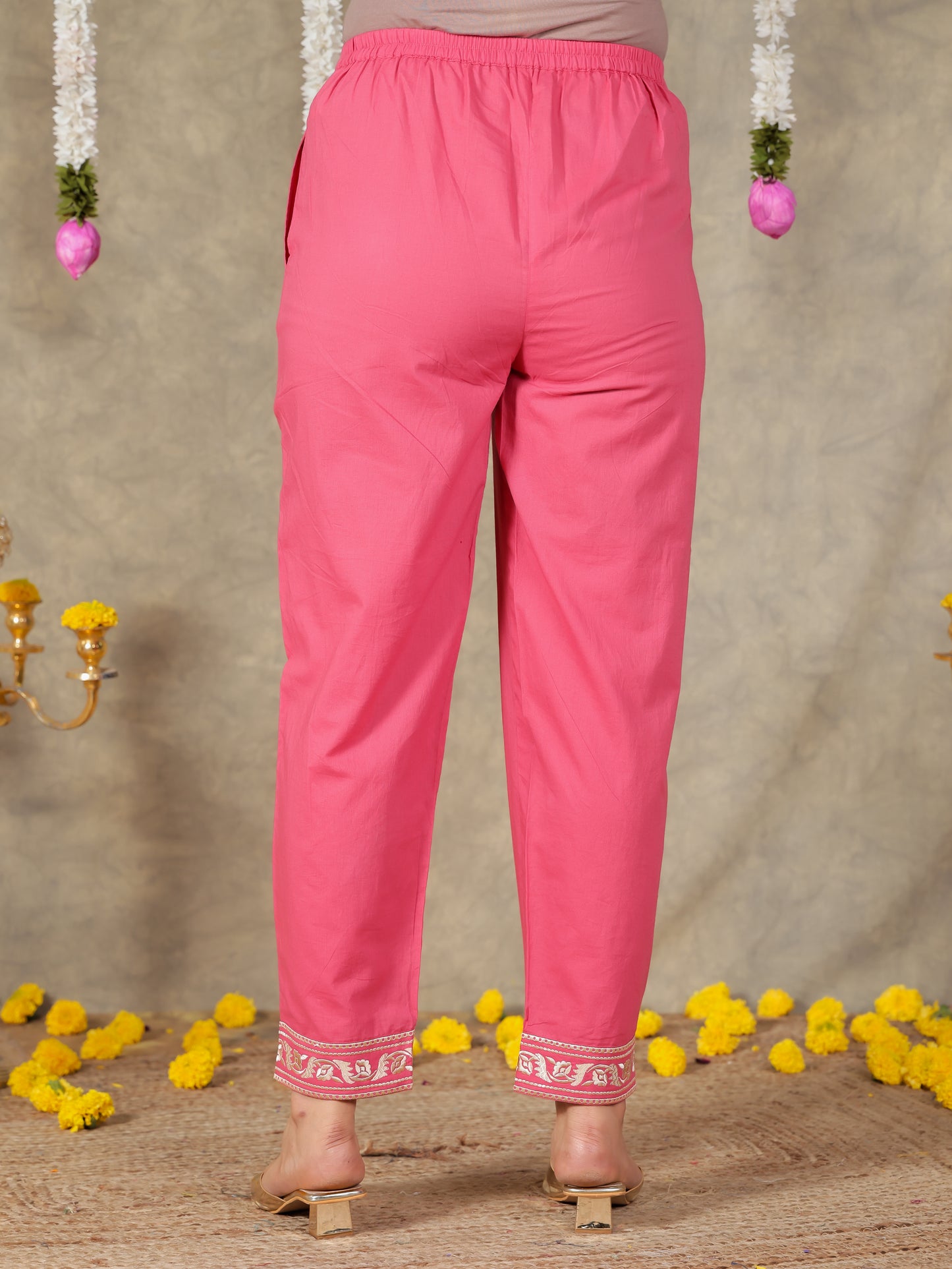 Embroidered Soft Cotton Solid Coral Tapered Trousers