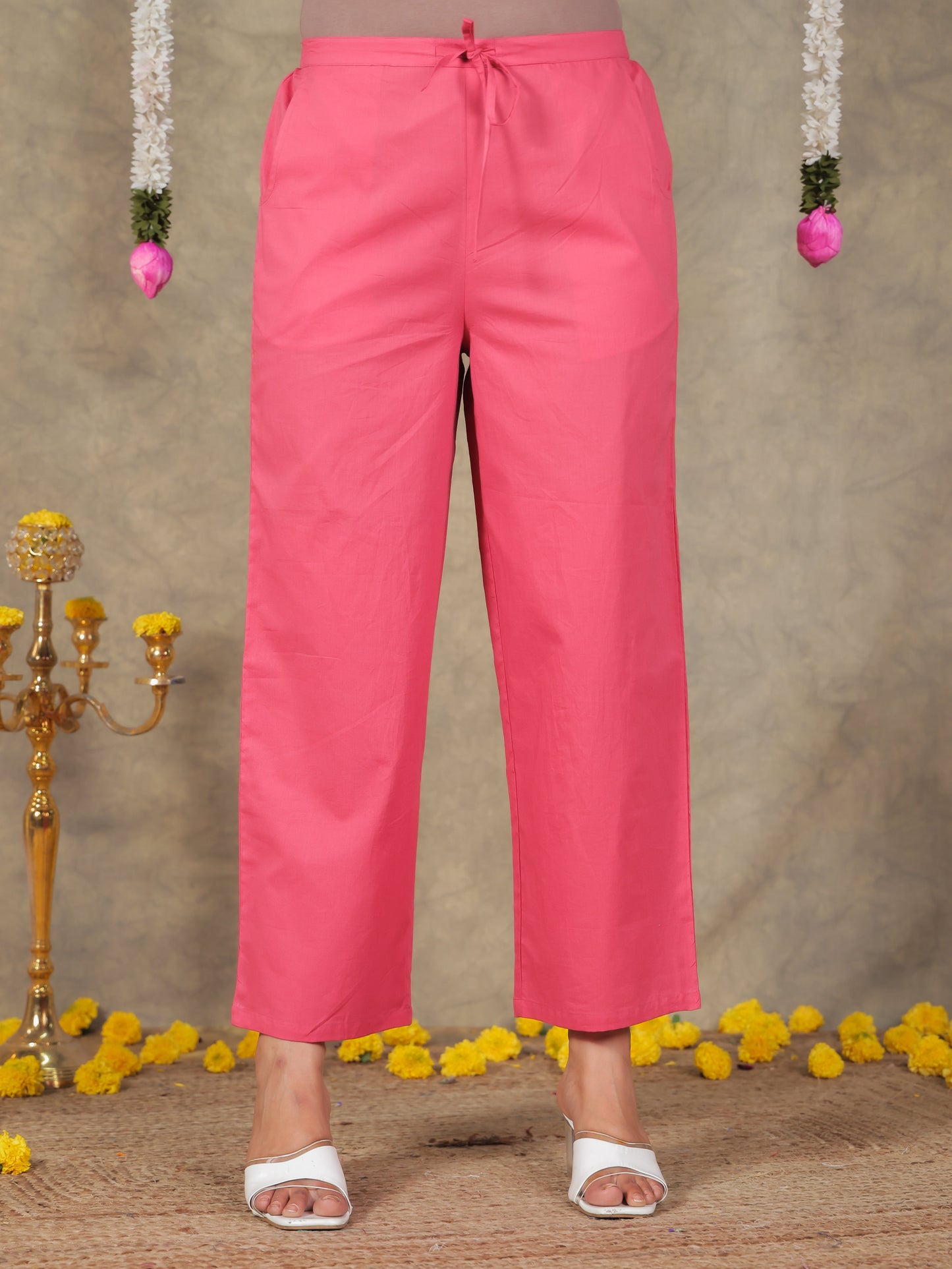 Soft Cotton Solid Red Straight Trousers