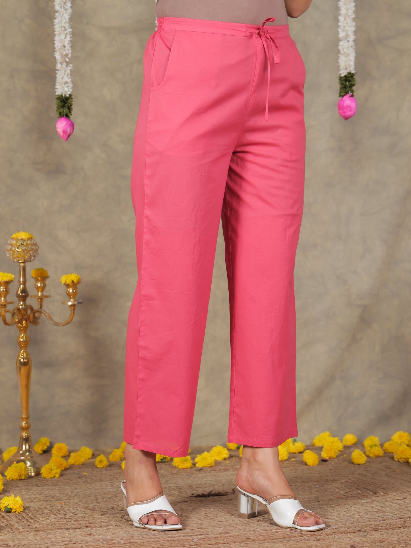 Soft Cotton Solid Red Straight Trousers