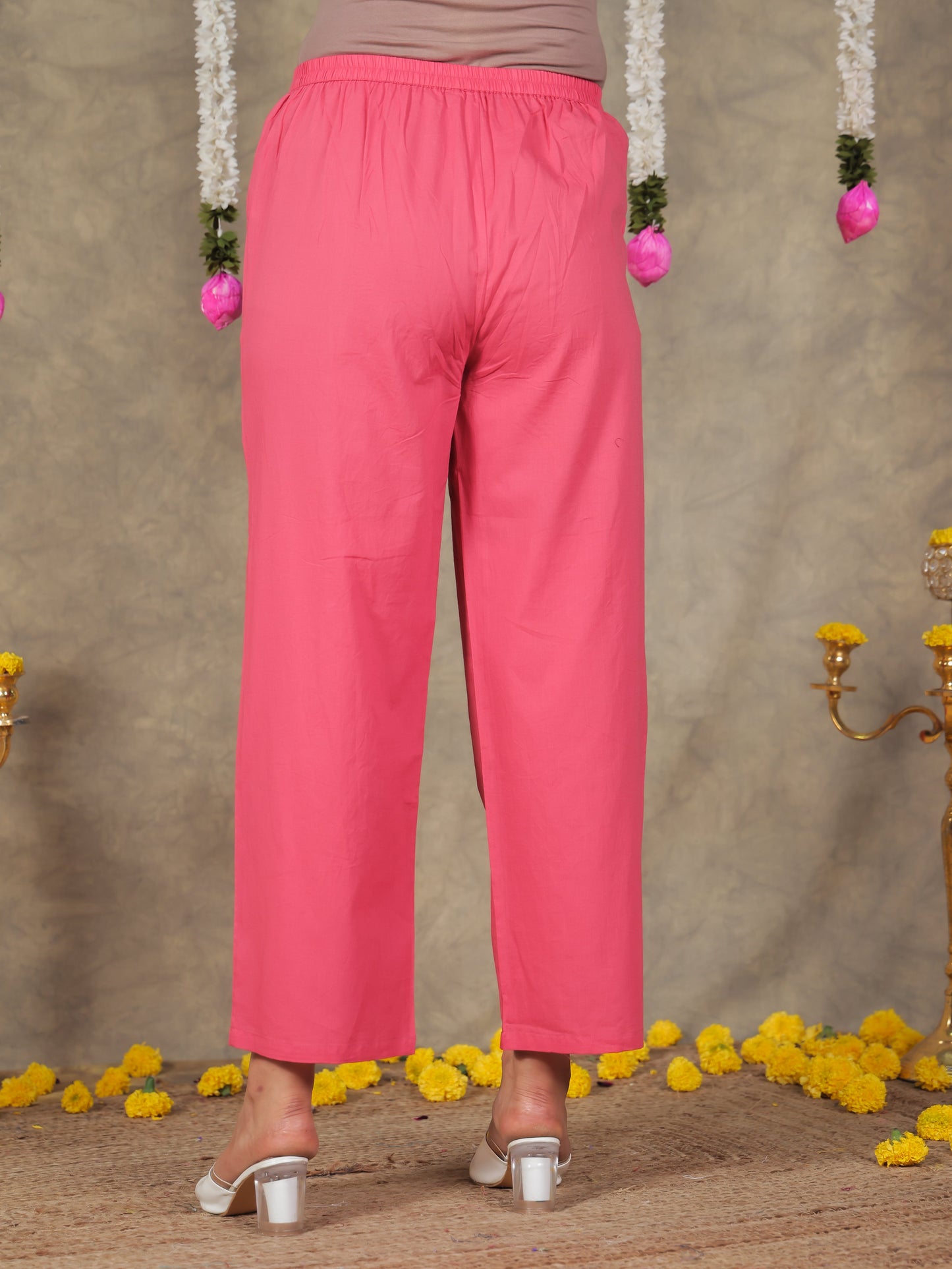 Soft Cotton Solid Red Straight Trousers