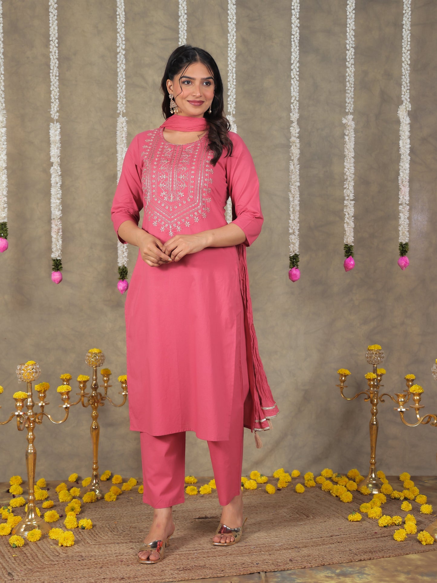 Embroidered Soft Cotton Solid Straight Red Kurta