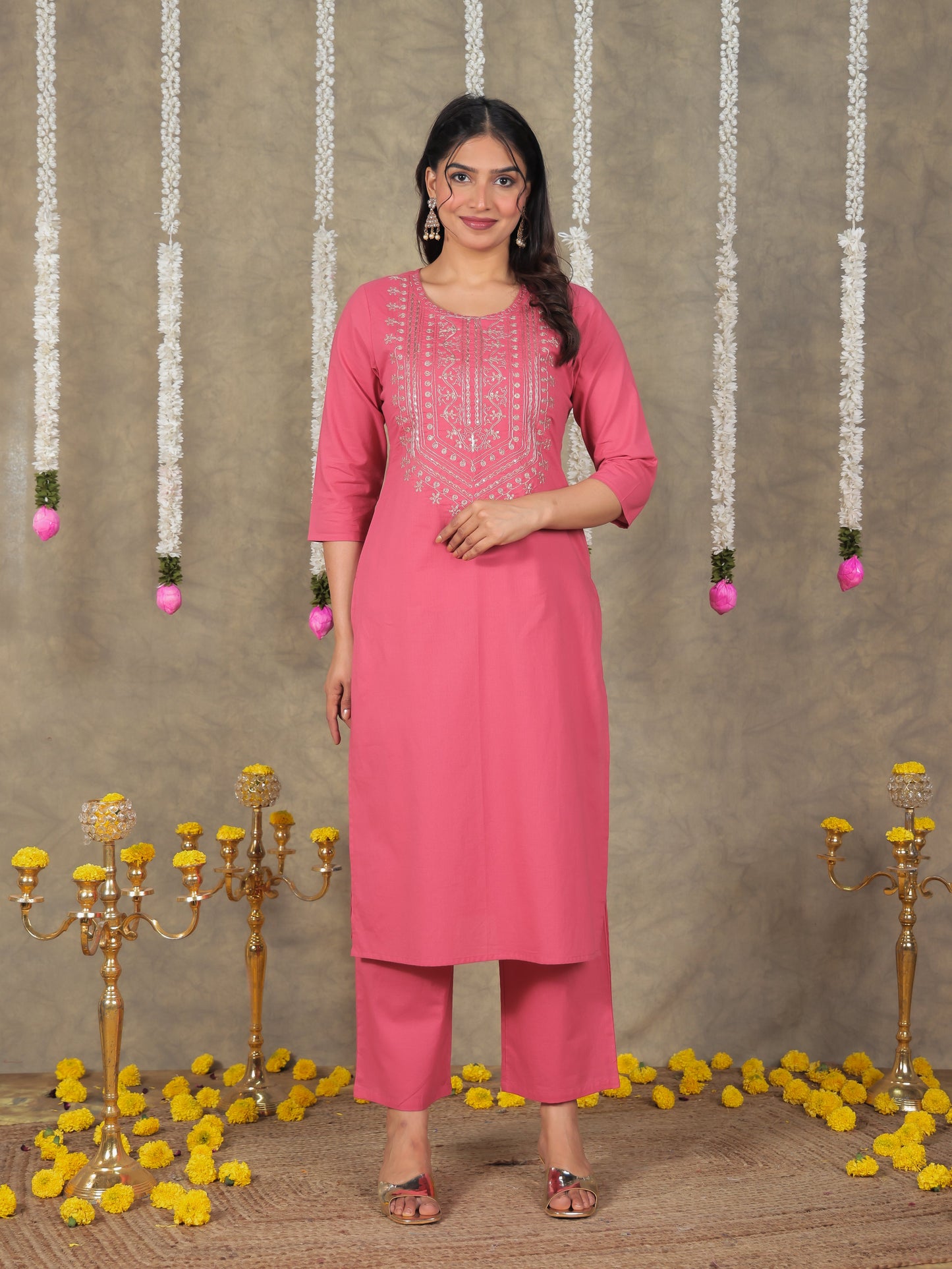 Embroidered Soft Cotton Solid Straight Red Kurta