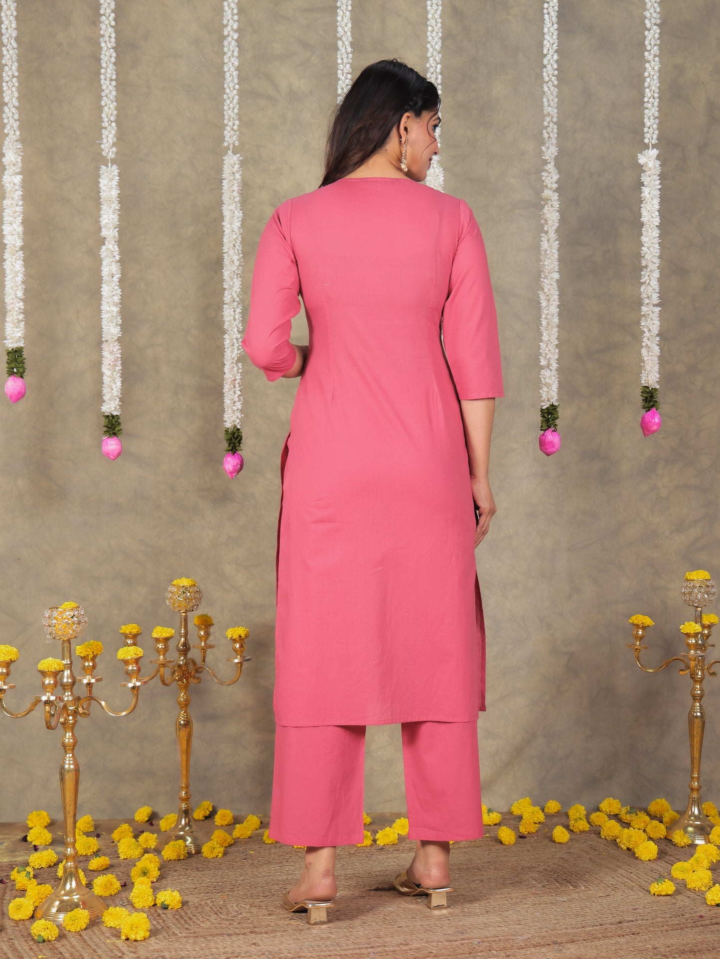 Embroidered Soft Cotton Solid Straight Red Kurta
