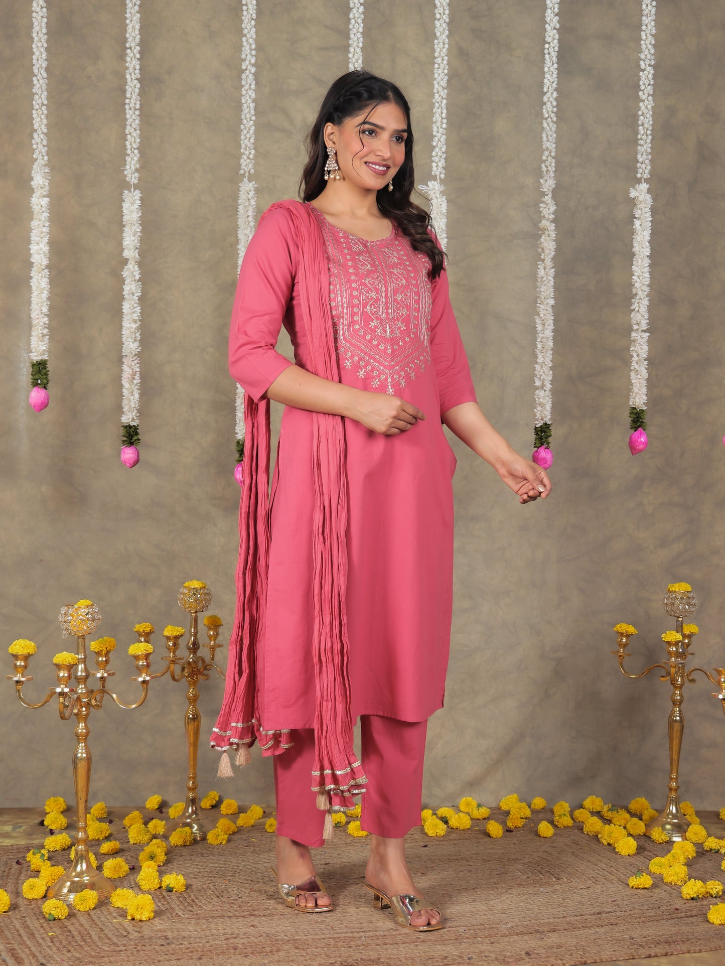 Embroidered Soft Cotton Solid Straight Red Kurta