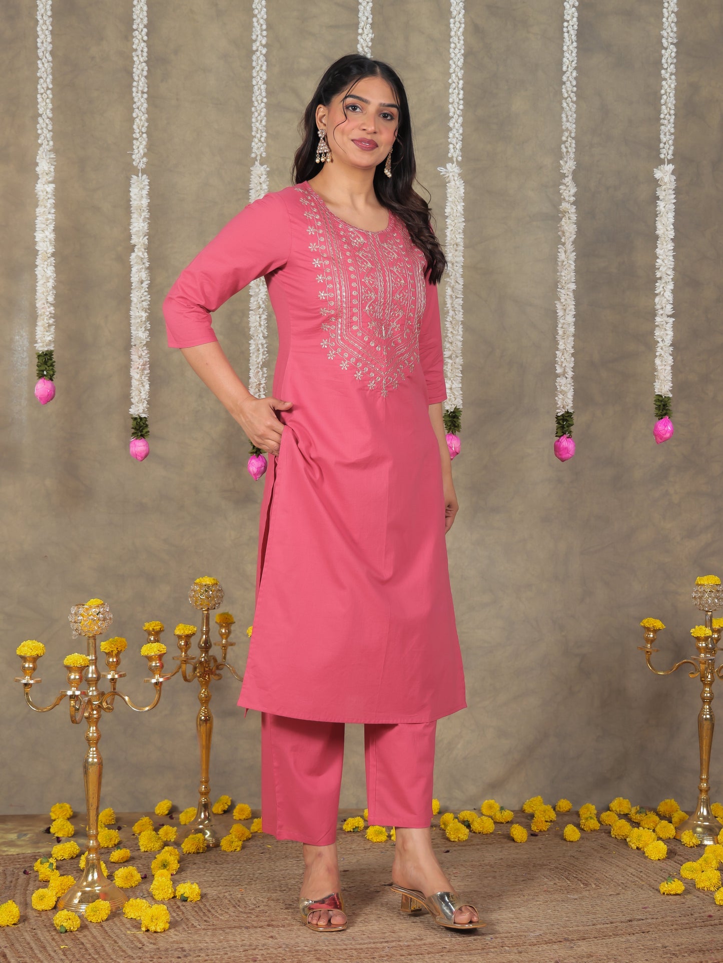 Embroidered Soft Cotton Solid Straight Red Kurta