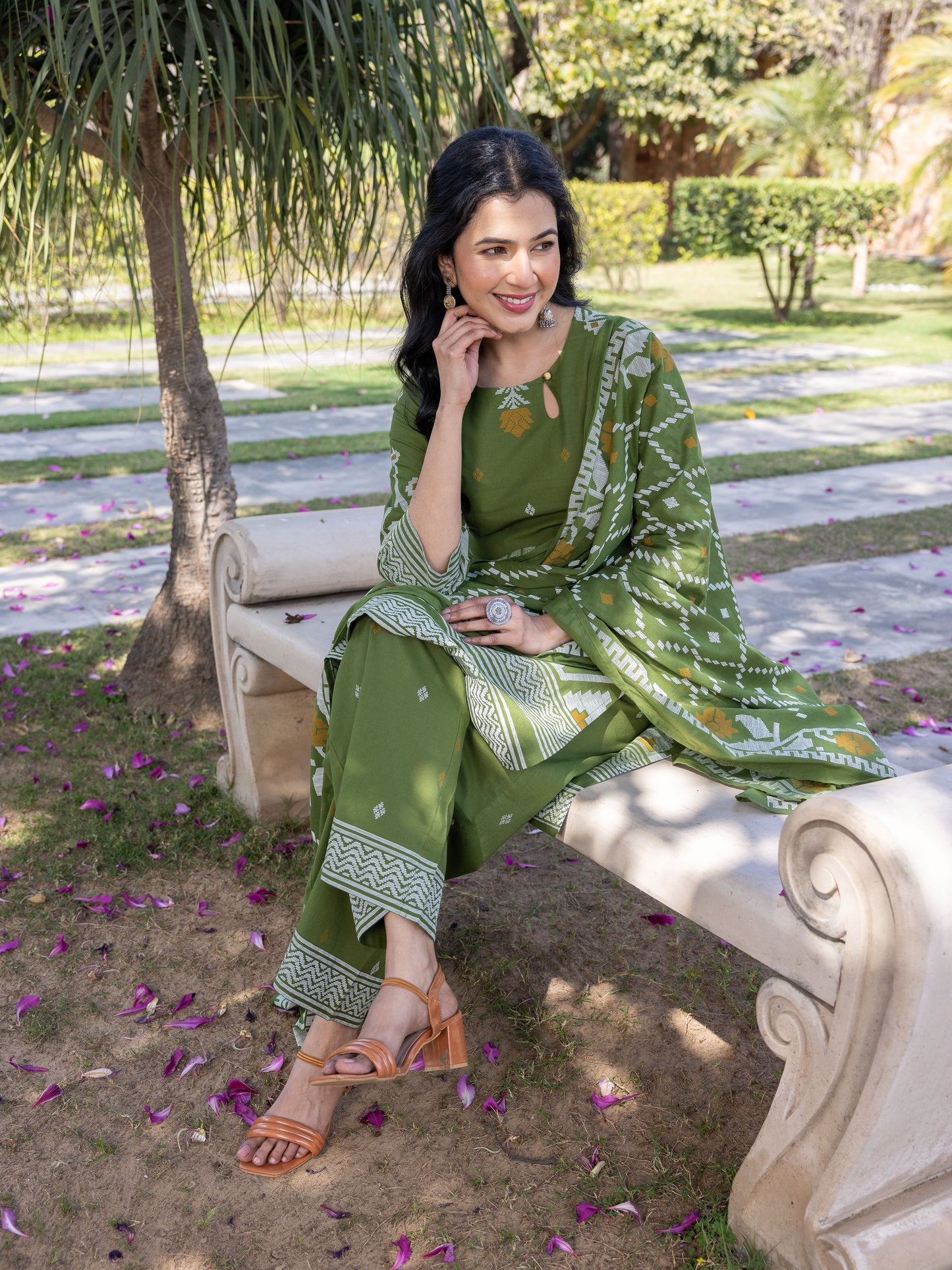 Soft Cotton Geometric Straight Green Kurta