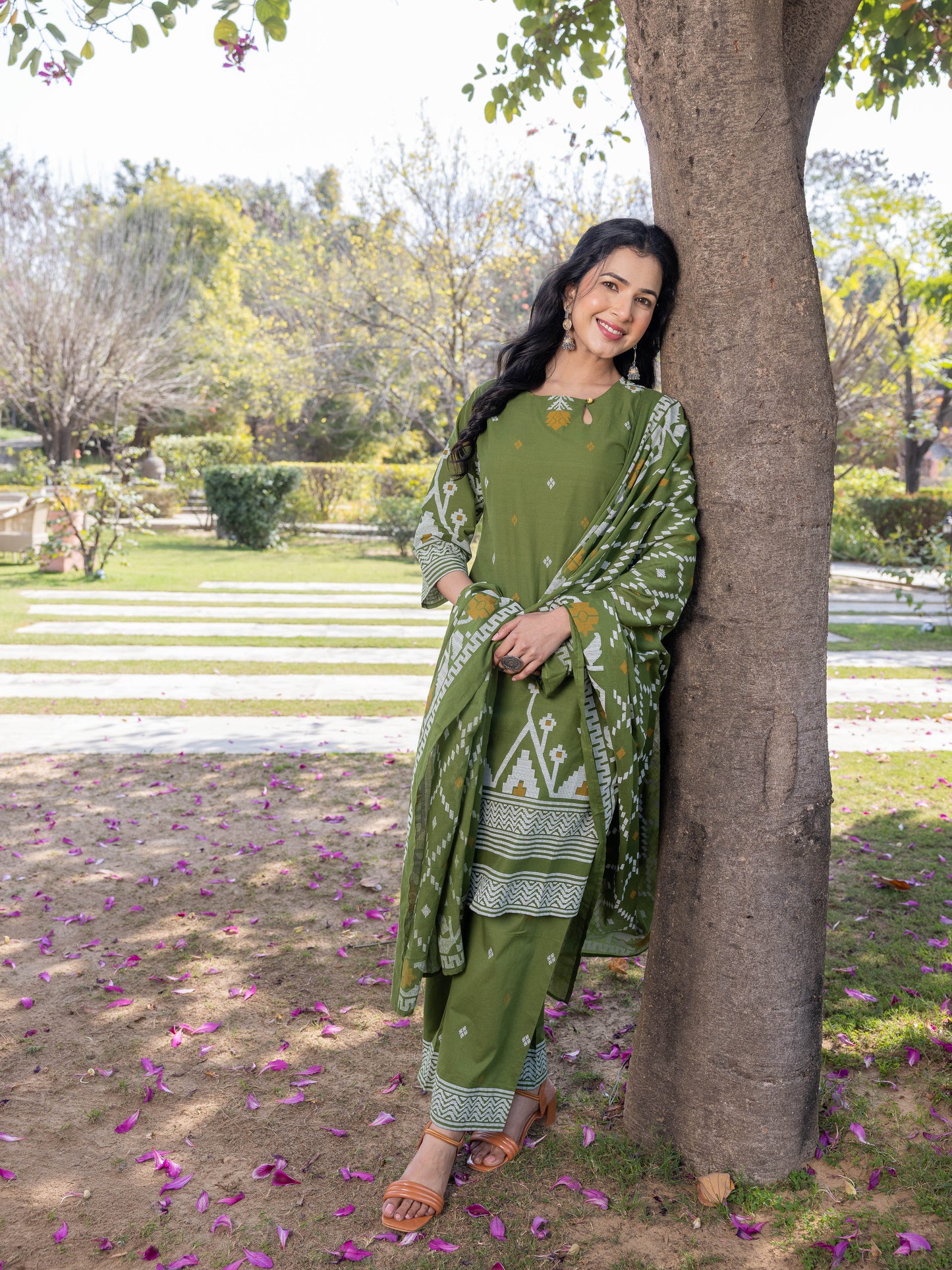 Soft Cotton Geometric Straight Green Kurta