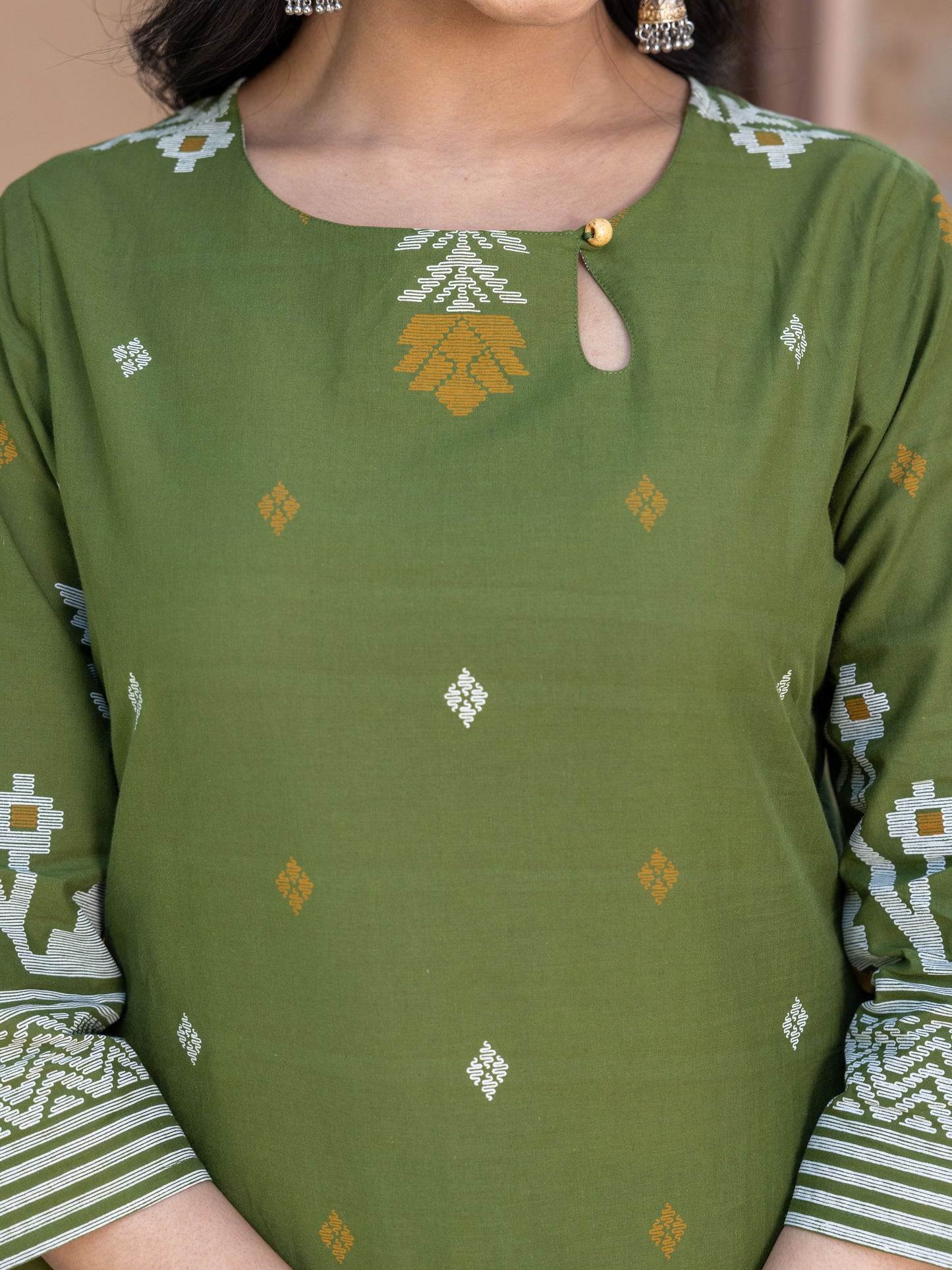Soft Cotton Geometric Straight Green Kurta