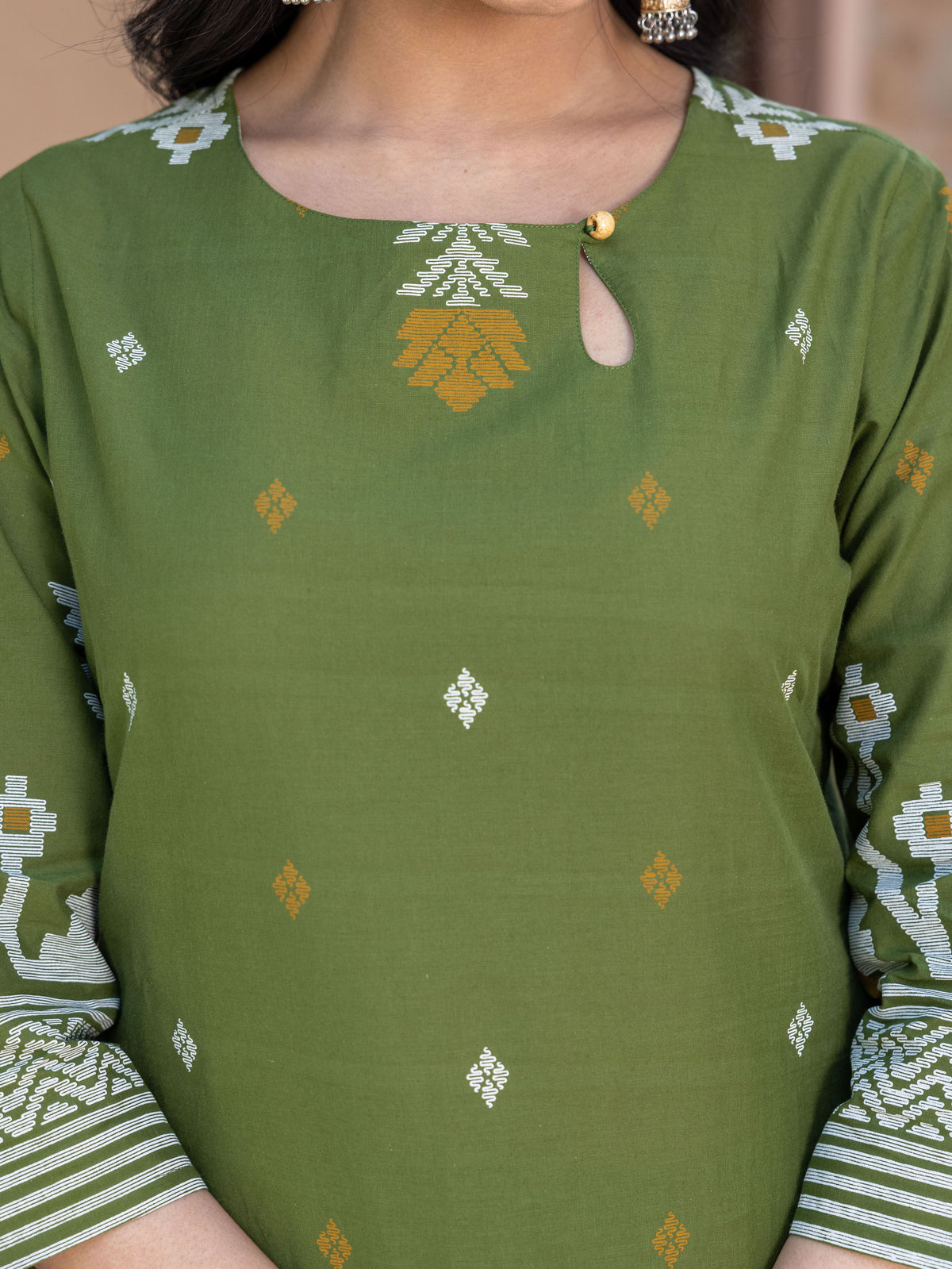 Soft Cotton Geometric Straight Green Kurta