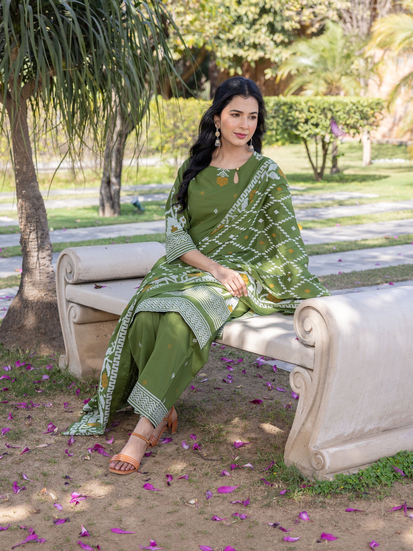 Soft Cotton Geometric Straight Green Kurta